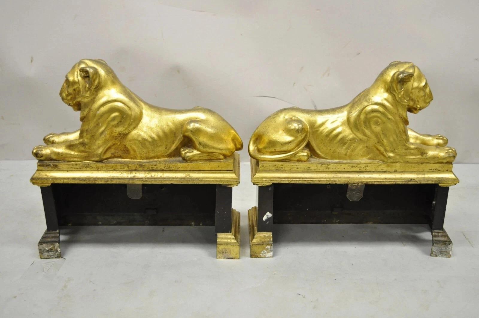Antique French Empire Neoclassical Bronze Lion Andirons Chenet Fireplace Fender For Sale 6