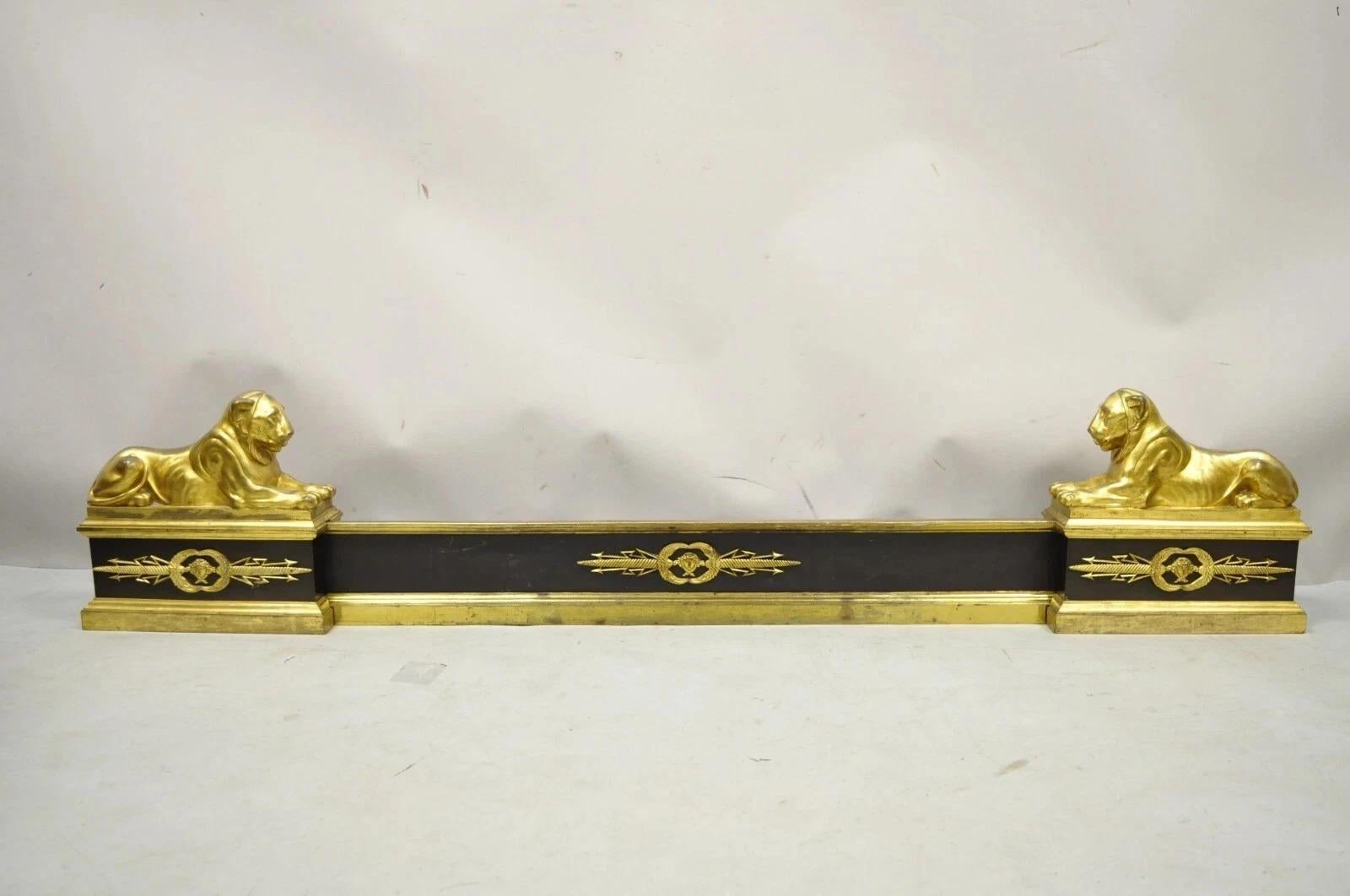 Antique French Empire Neoclassical Style Bronze Lion Andirons Chenet Fireplace Fender - 3 Pc Set. Item features an adjustable length, cast bronze reclining lions, bronze fender with ormolu, great patina, quality French craftsmanship. Circa Early
