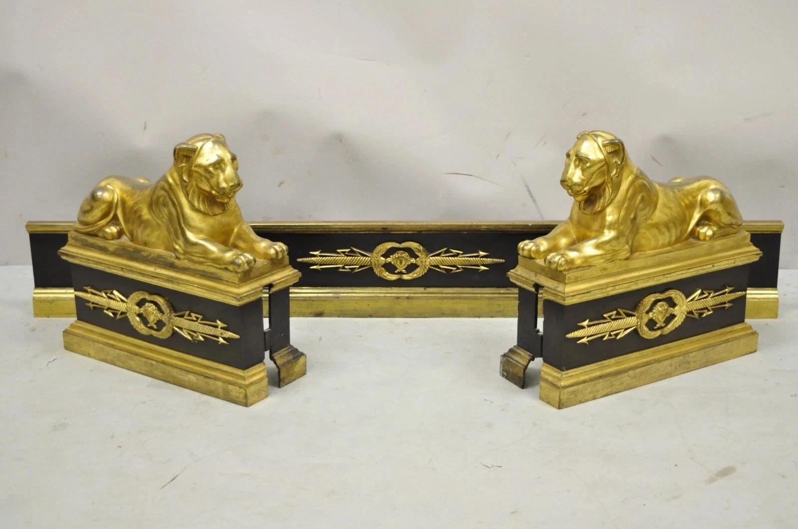 Unknown Antique French Empire Neoclassical Bronze Lion Andirons Chenet Fireplace Fender For Sale