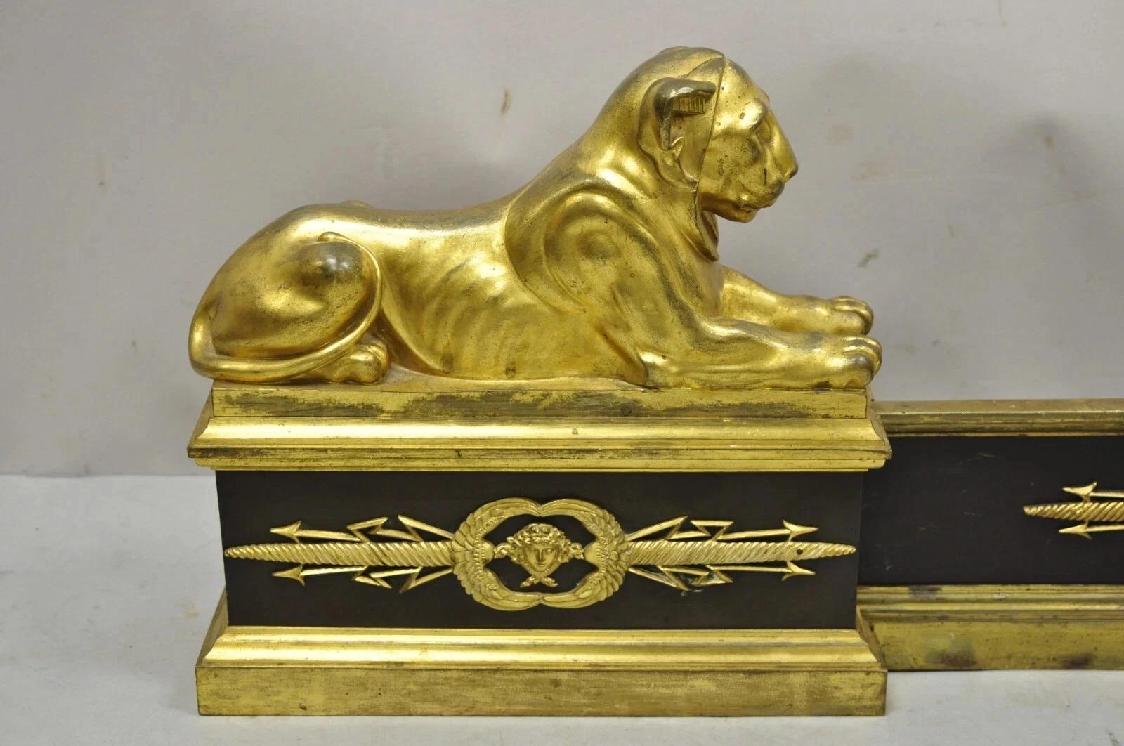 Antique French Empire Neoclassical Bronze Lion Andirons Chenet Fireplace Fender In Good Condition For Sale In Philadelphia, PA