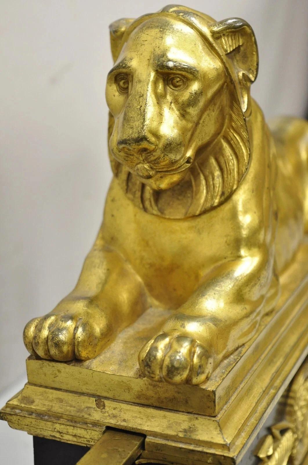 20th Century Antique French Empire Neoclassical Bronze Lion Andirons Chenet Fireplace Fender For Sale