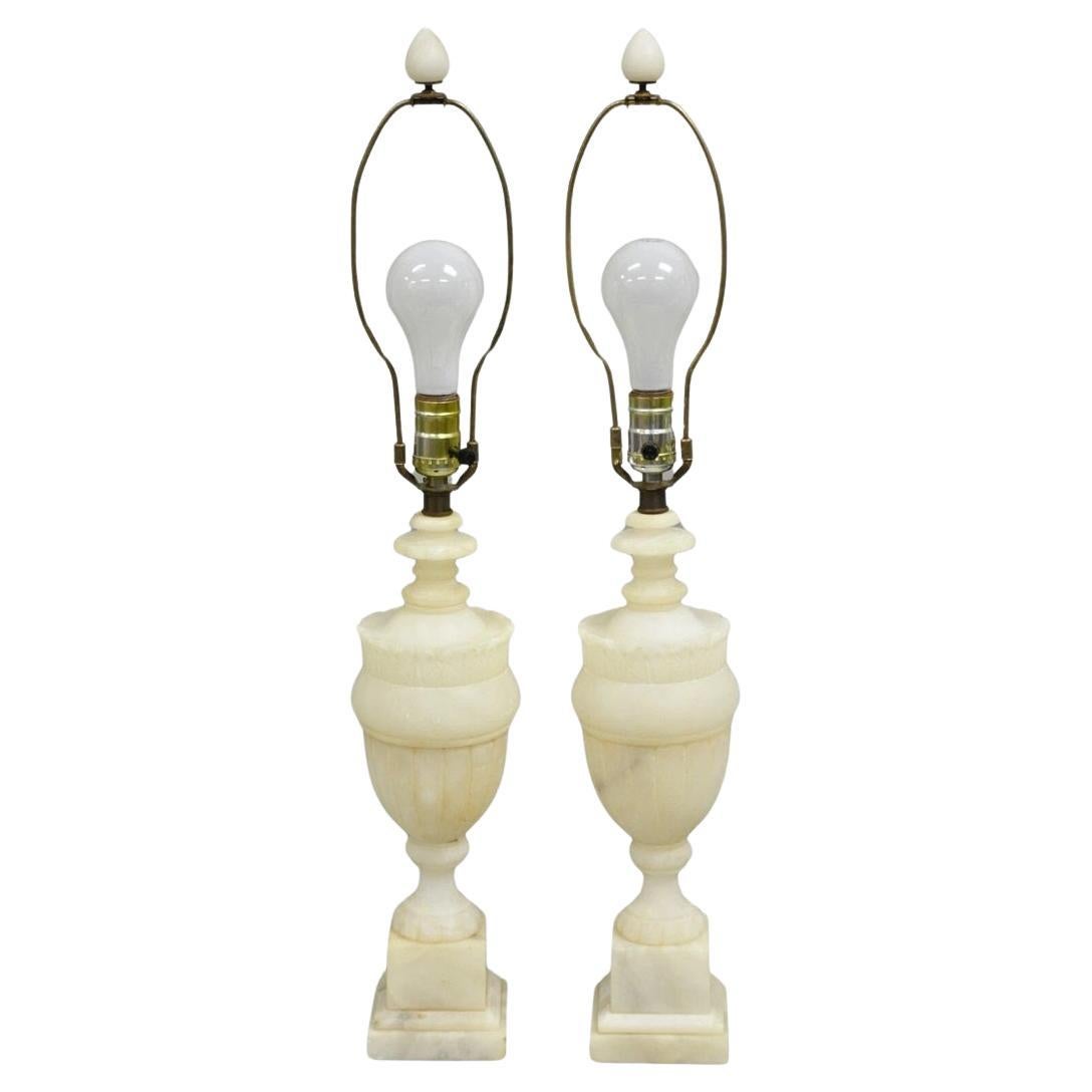 Antique French Empire Neoclassical Carved Alabaster Urn Table Lamp - a Pair