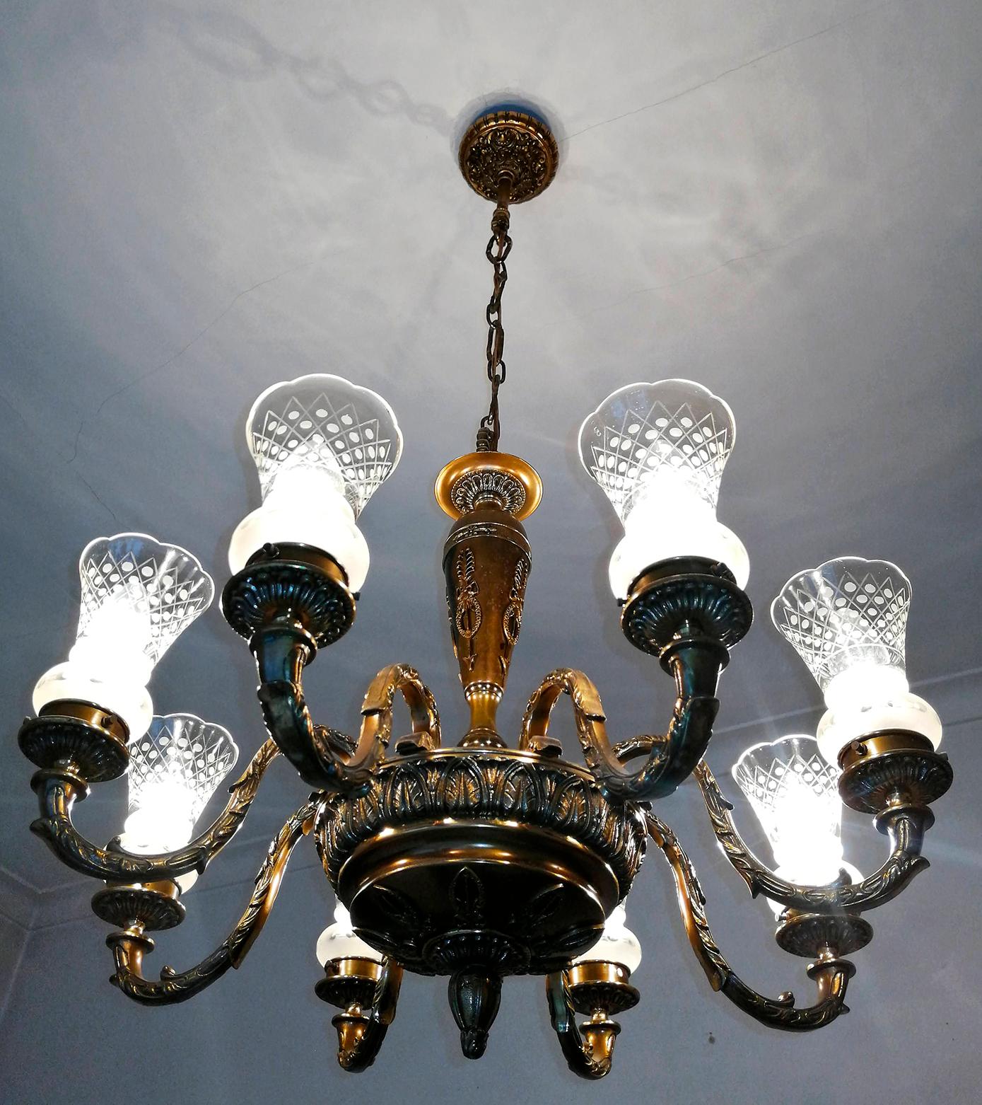 Antique French Empire Neoclassical Gilt Bronze Chandelier, Early 20th Century For Sale 5