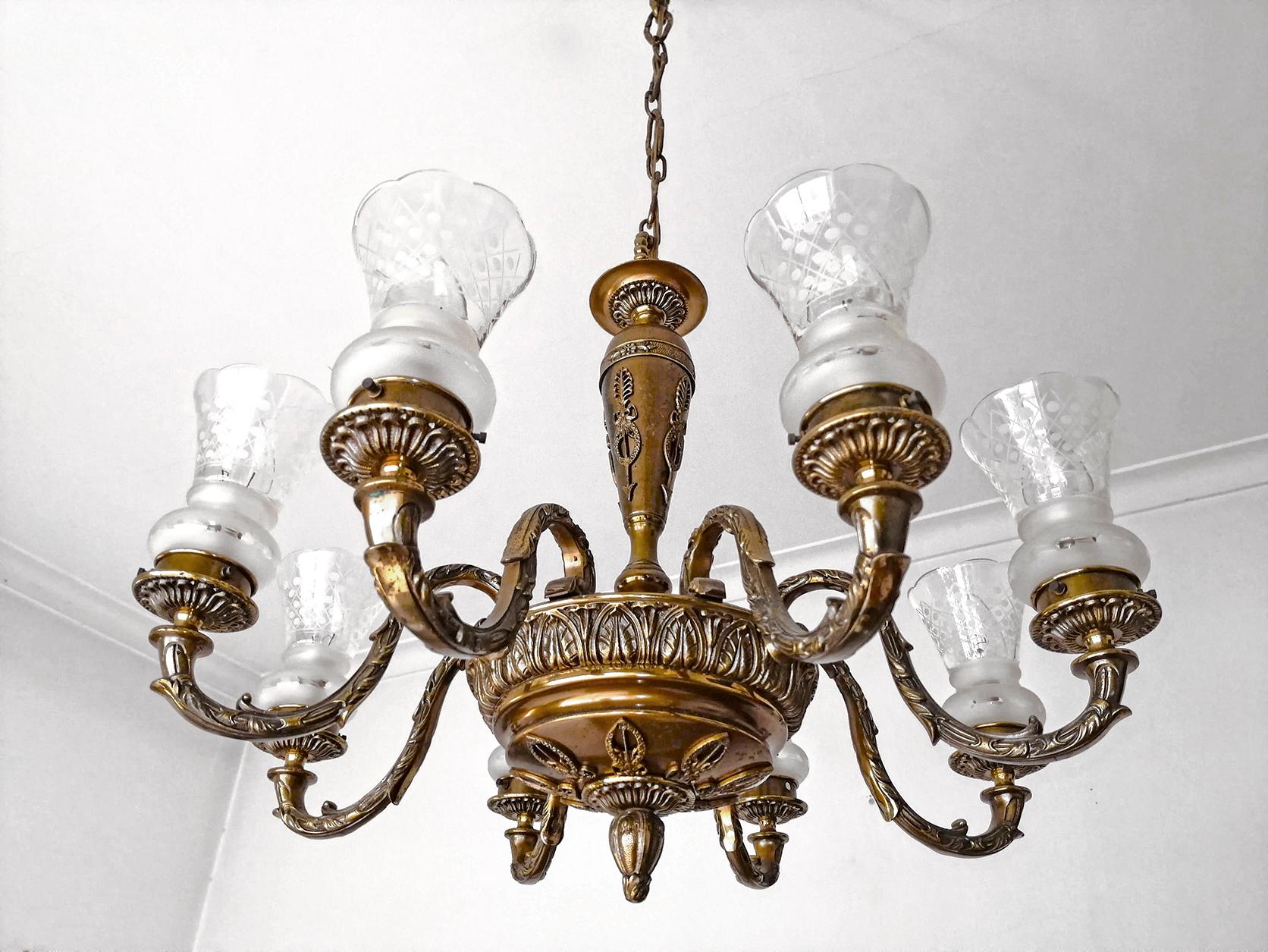 Art Deco Antique French Empire Neoclassical Gilt Bronze Chandelier, Early 20th Century For Sale