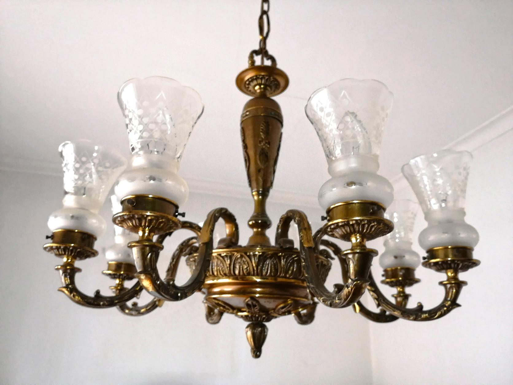 Etched Antique French Empire Neoclassical Gilt Bronze Chandelier, Early 20th Century For Sale