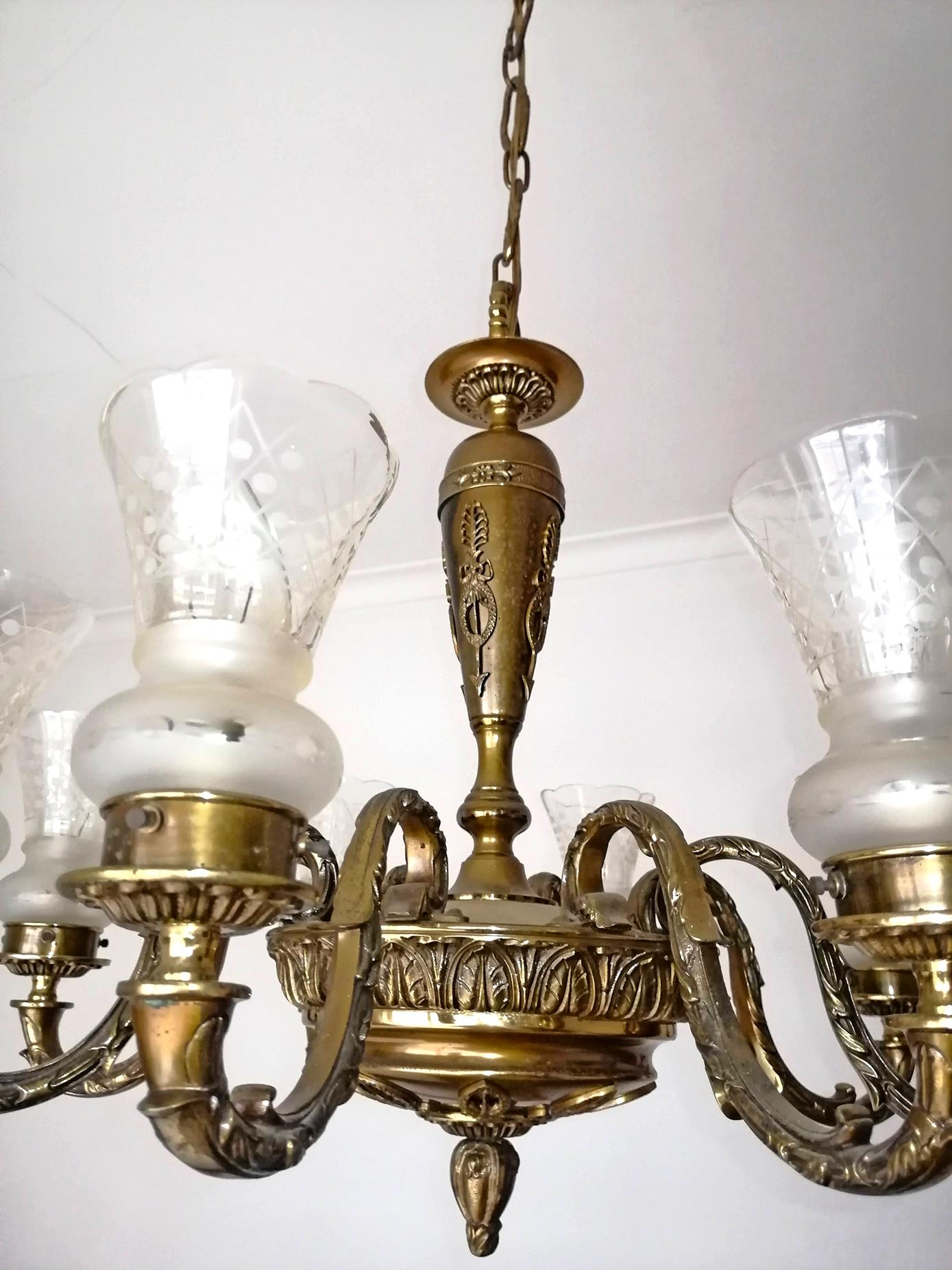 Antique French Empire Neoclassical Gilt Bronze Chandelier, Early 20th Century For Sale 1