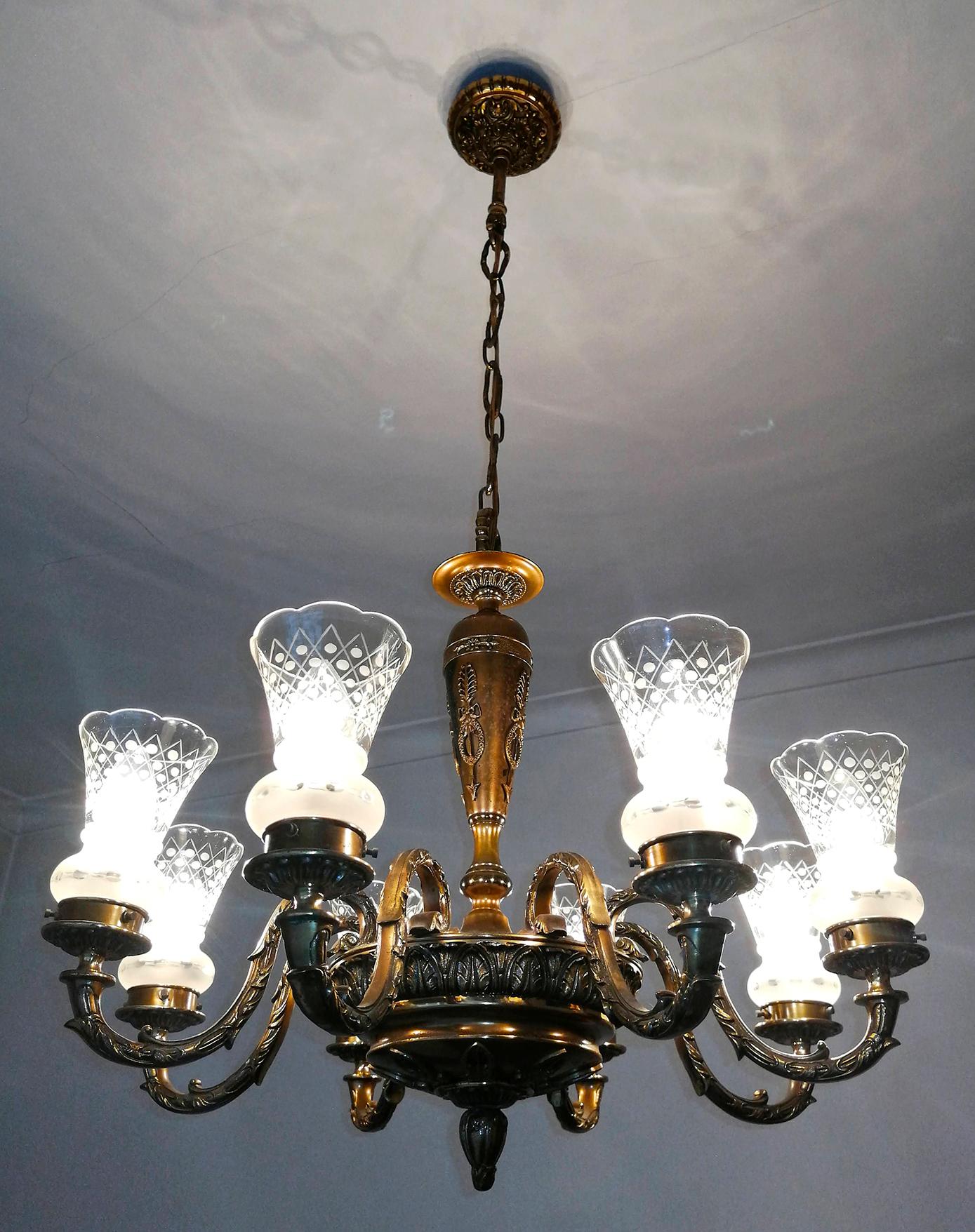 Antique French Empire Neoclassical Gilt Bronze Chandelier, Early 20th Century For Sale 4