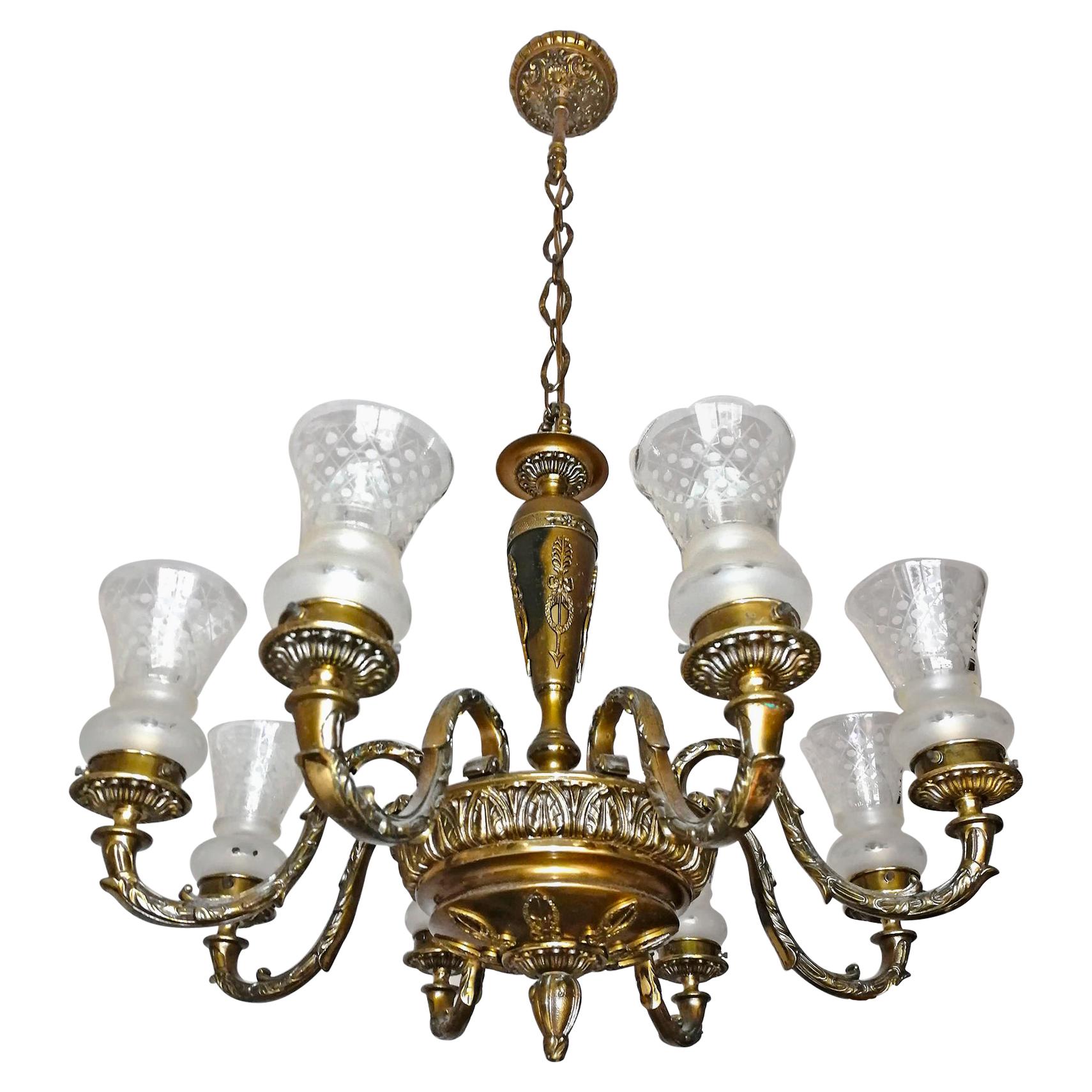 Antique French Empire Neoclassical Gilt Bronze Chandelier, Early 20th Century