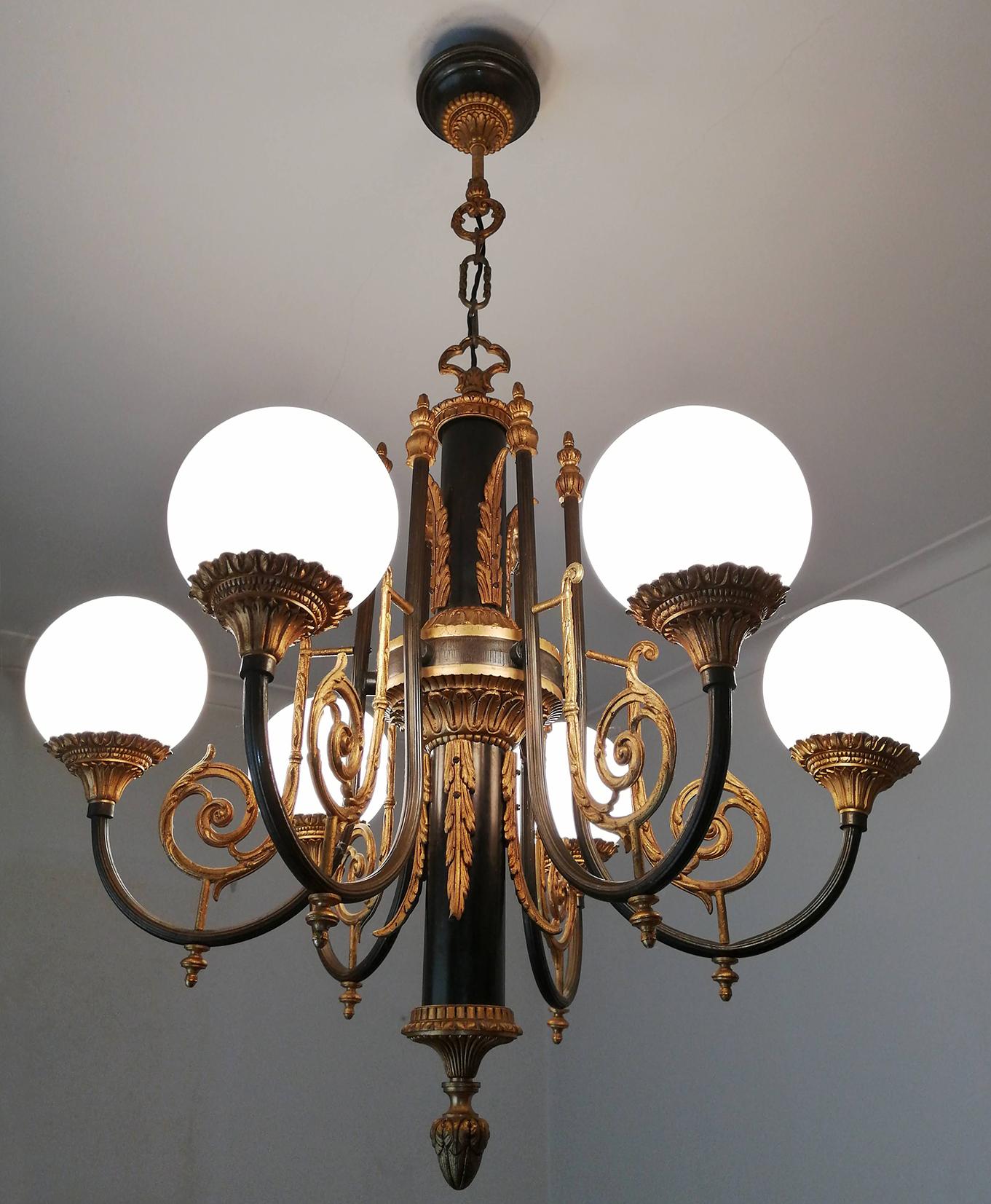 Antique French Empire Neoclassical Gilt & Patina Bronze Opaline Globe Chandelier For Sale 5