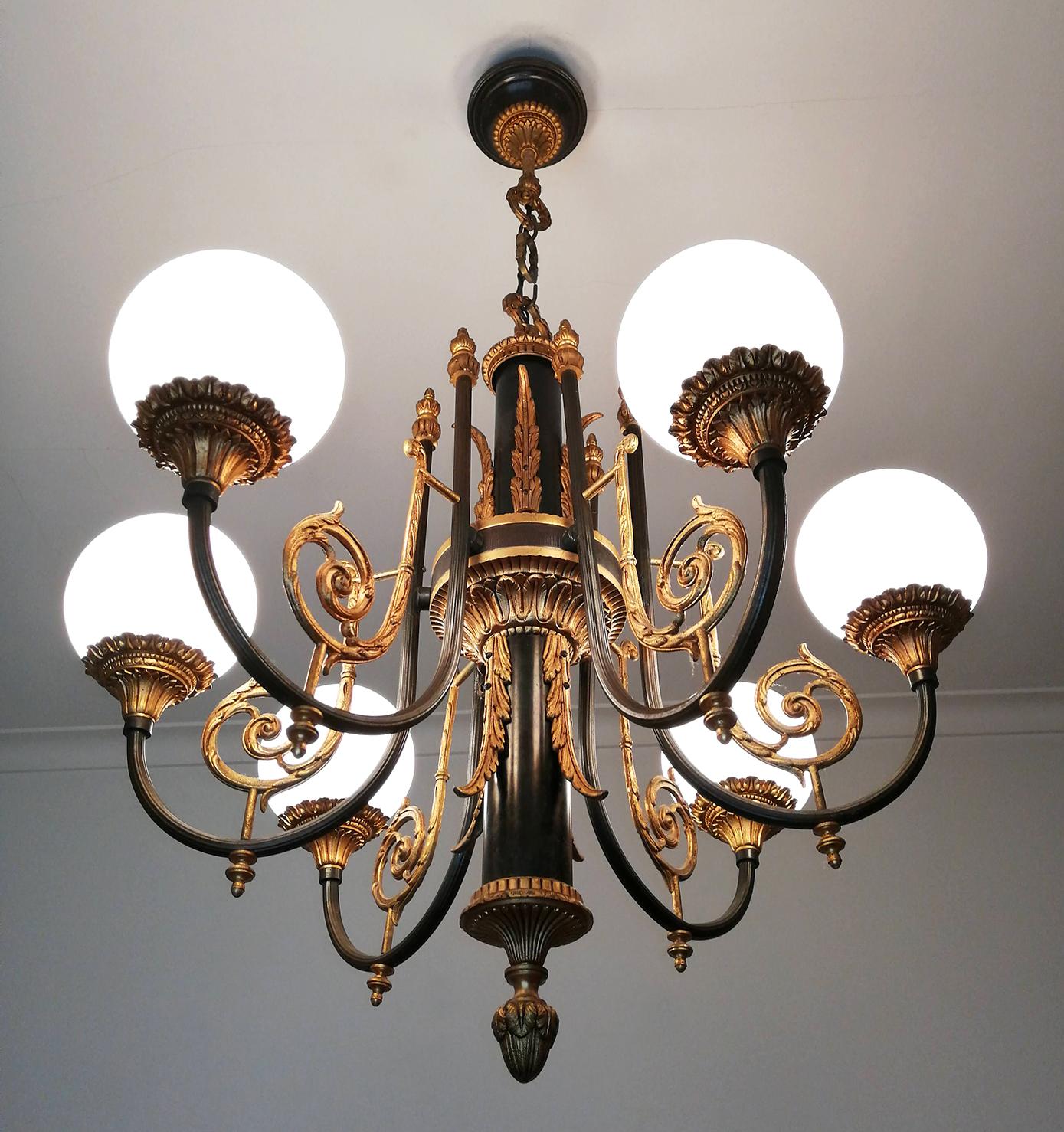 Antique French Empire Neoclassical Gilt & Patina Bronze Opaline Globe Chandelier For Sale 7