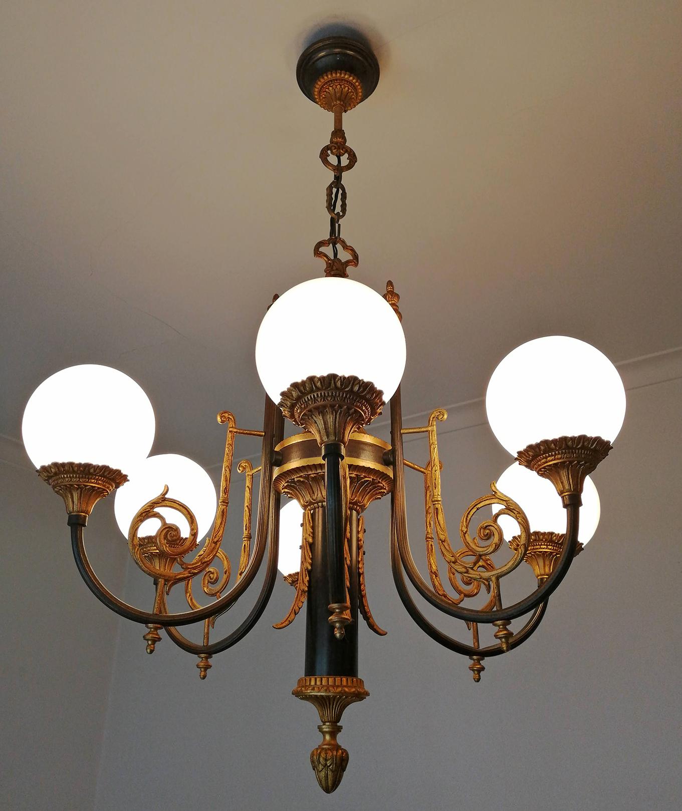 Antique French Empire Neoclassical Gilt & Patina Bronze Opaline Globe Chandelier For Sale 6