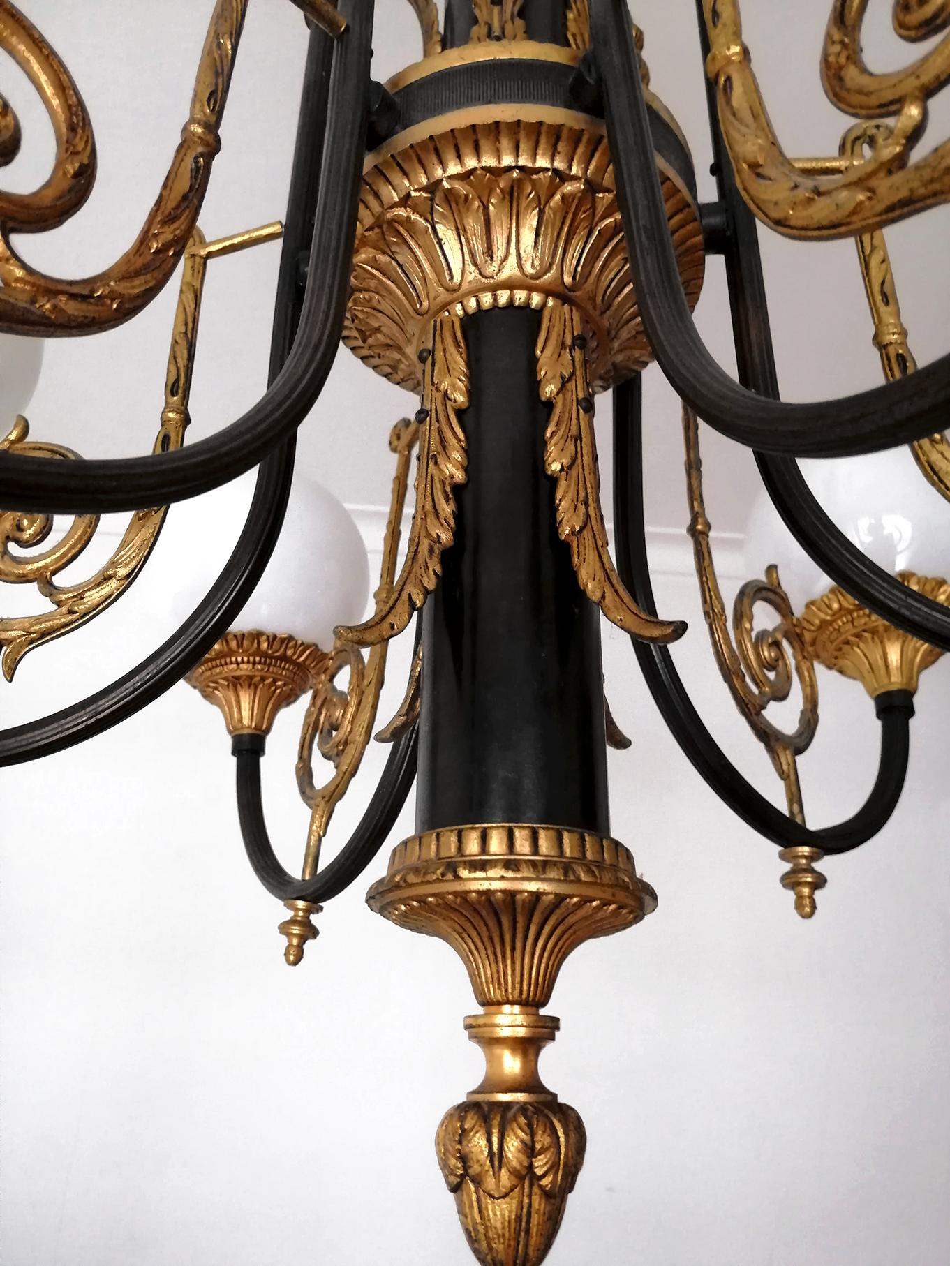 Antique French Empire Neoclassical Gilt & Patina Bronze Opaline Globe Chandelier For Sale 10