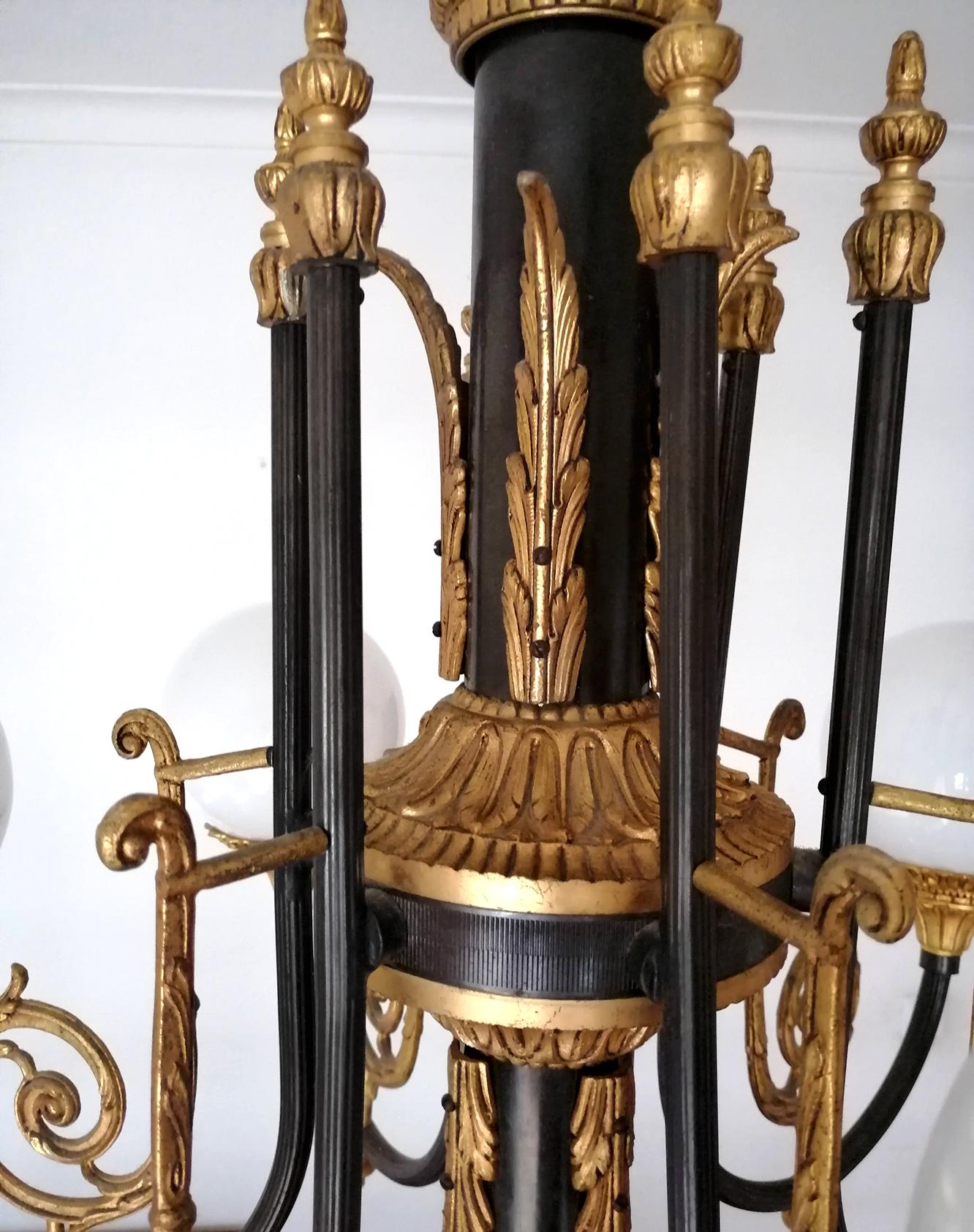 Antique French Empire Neoclassical Gilt & Patina Bronze Opaline Globe Chandelier For Sale 10