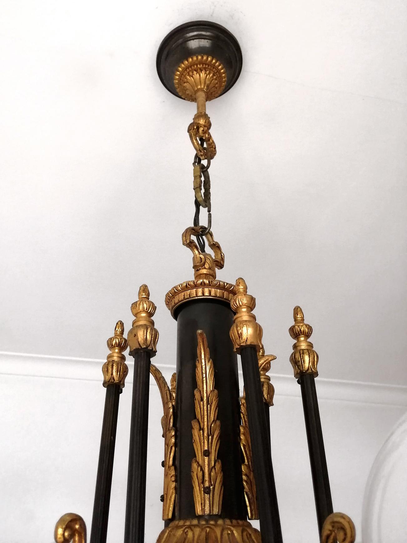 Antique French Empire Neoclassical Gilt & Patina Bronze Opaline Globe Chandelier For Sale 13