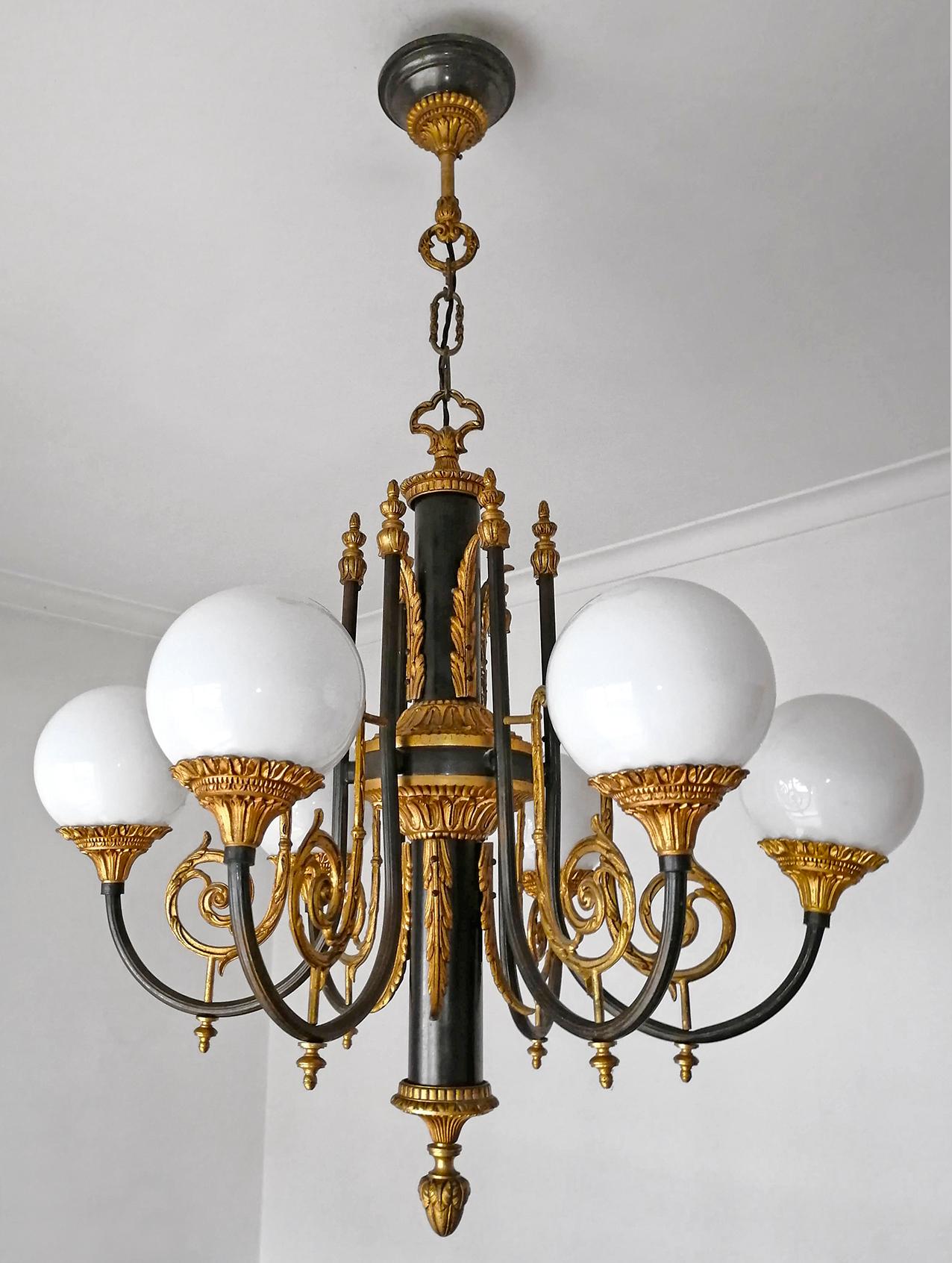 20th Century Antique French Empire Neoclassical Gilt & Patina Bronze Opaline Globe Chandelier For Sale