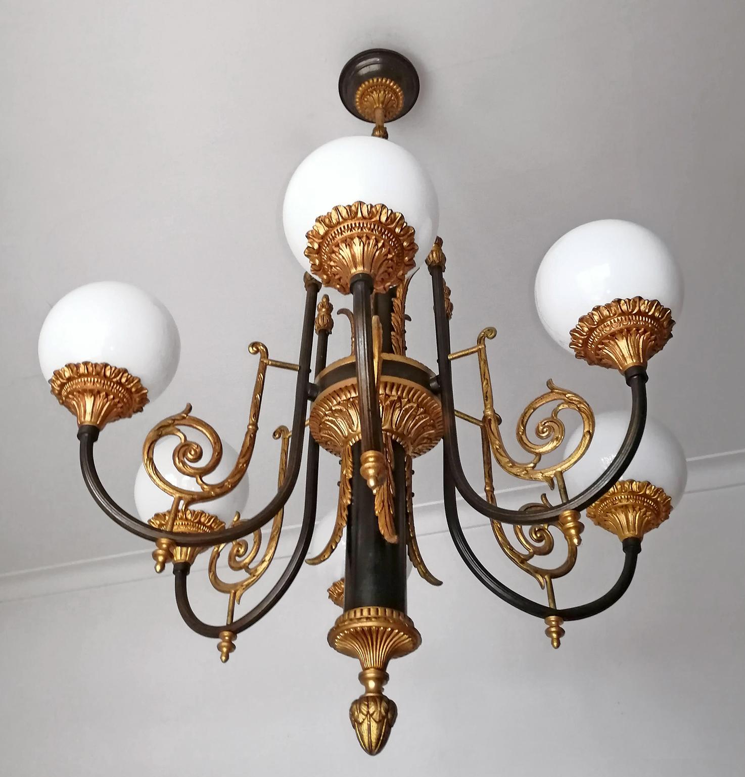 Antique French Empire Neoclassical Gilt & Patina Bronze Opaline Globe Chandelier For Sale 1