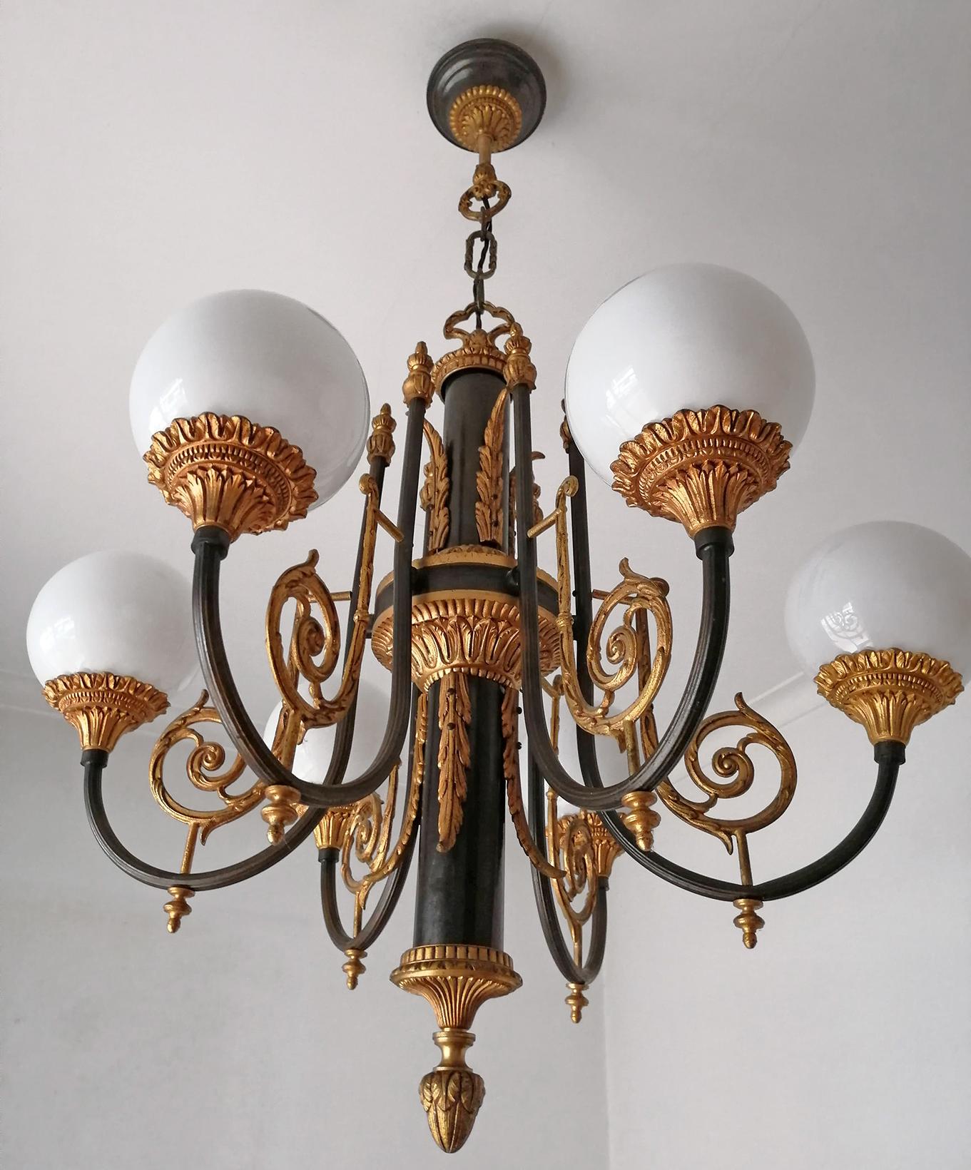 Antique French Empire Neoclassical Gilt & Patina Bronze Opaline Globe Chandelier For Sale 2