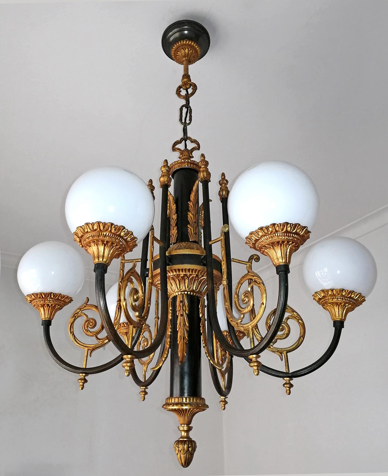 Antique French Empire Neoclassical Gilt & Patina Bronze Opaline Globe Chandelier For Sale 4