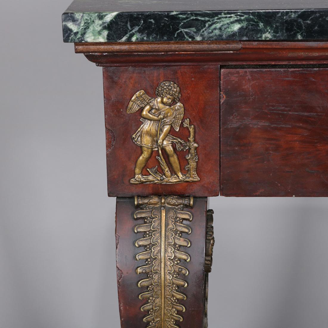Antiker französischer Empire-Pfeilertisch aus neoklassizistischem Mahagoni und Goldbronze-Marmorplatte 7
