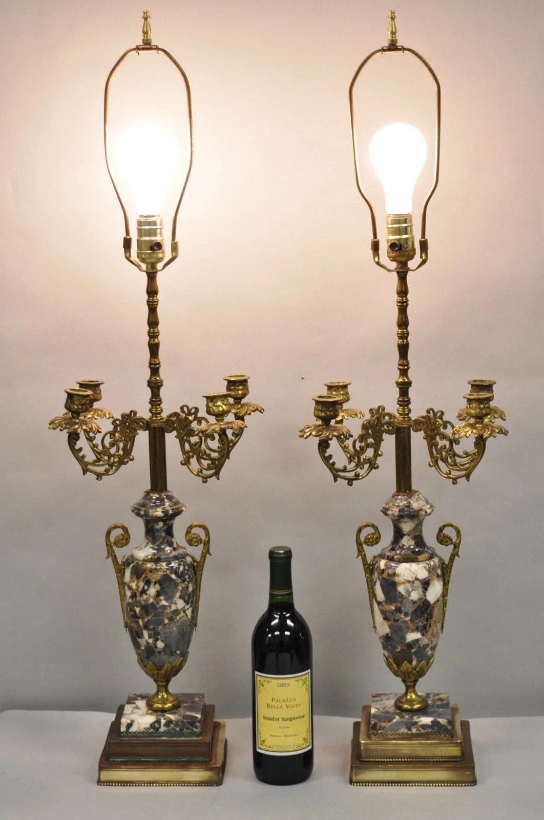 Antique French Empire Neoclassical Style Marble Urn Brass Candelabra Table Lamps - a Pair. Principios del siglo XX. Medidas: 37