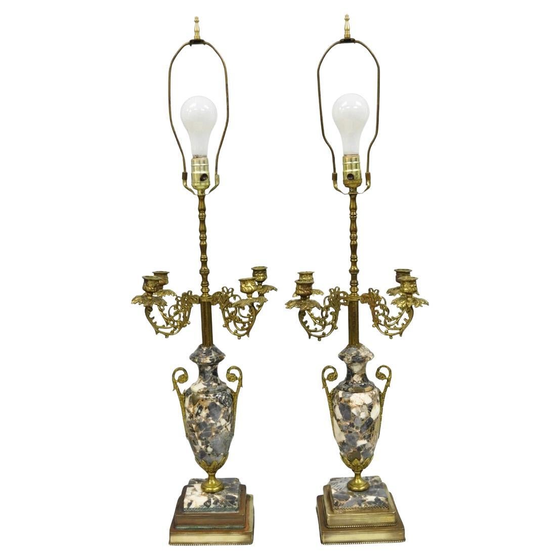 Antique French Empire Neoclassical Marble Urn Brass Candelabra Table Lamp Pair