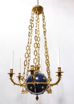 Antique French Empire Neoclassical Ormolu & Blue Patinated Ball Form Chandelier
