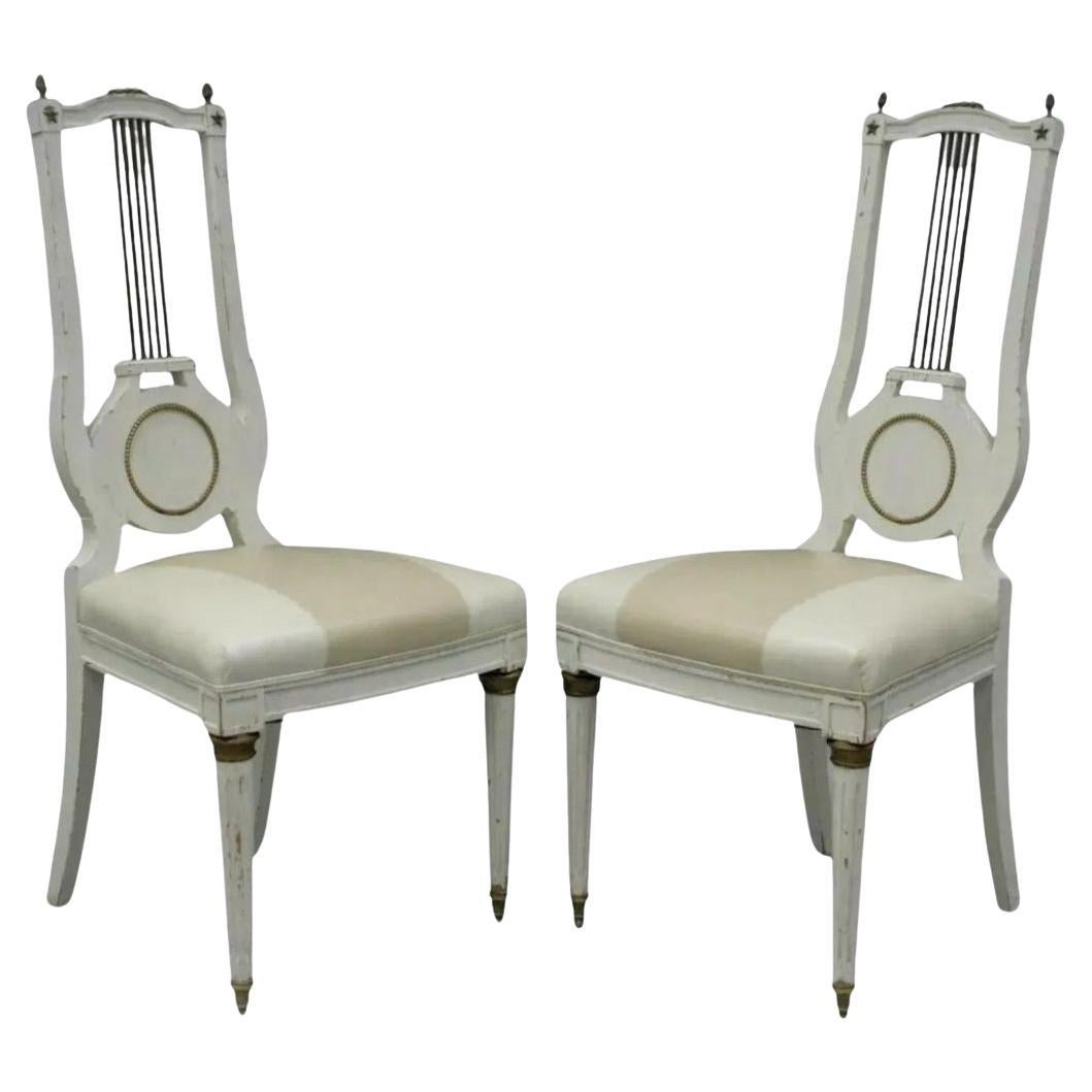 Antique French Empire Neoclassical Style Brass Harp Lyre Side Chairs - a Pair