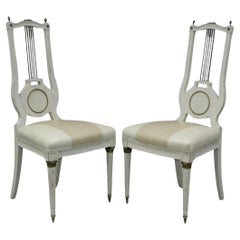 Antique French Empire Neoclassical Style Brass Harp Lyre Side Chairs - a Pair