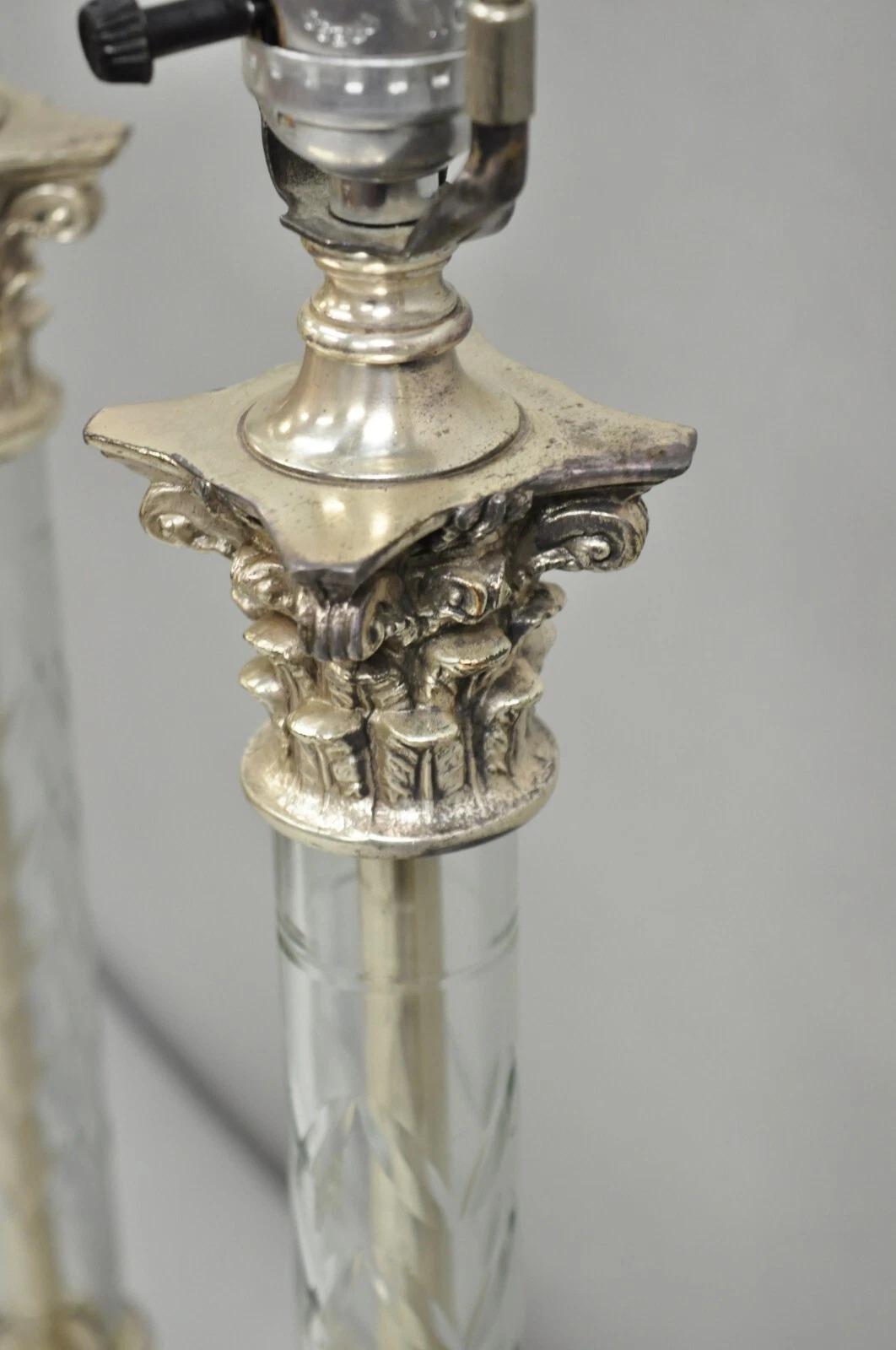 Antiguas Lámparas de Mesa de Columna Corintia Imperio Francés de Níquel y Plata - un Par en venta 5