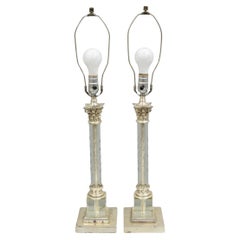 Antique French Empire Nickel Silver Glass Corinthian Column Table Lamps - a Pair