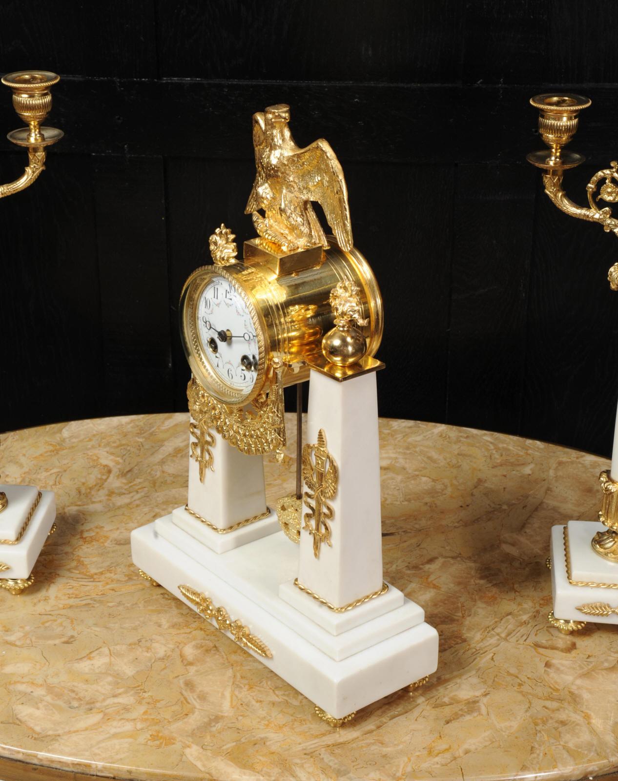 Antique French Empire Ormolu and Marble Portico Clock Set Eagle 6