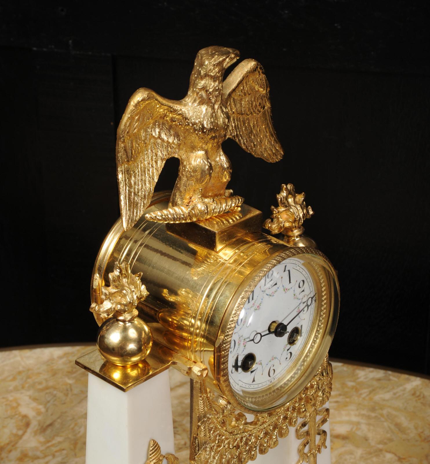 Antique French Empire Ormolu and Marble Portico Clock Set Eagle 7