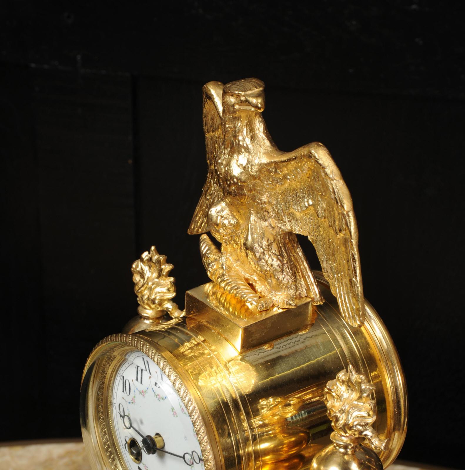 Antique French Empire Ormolu and Marble Portico Clock Set Eagle 8