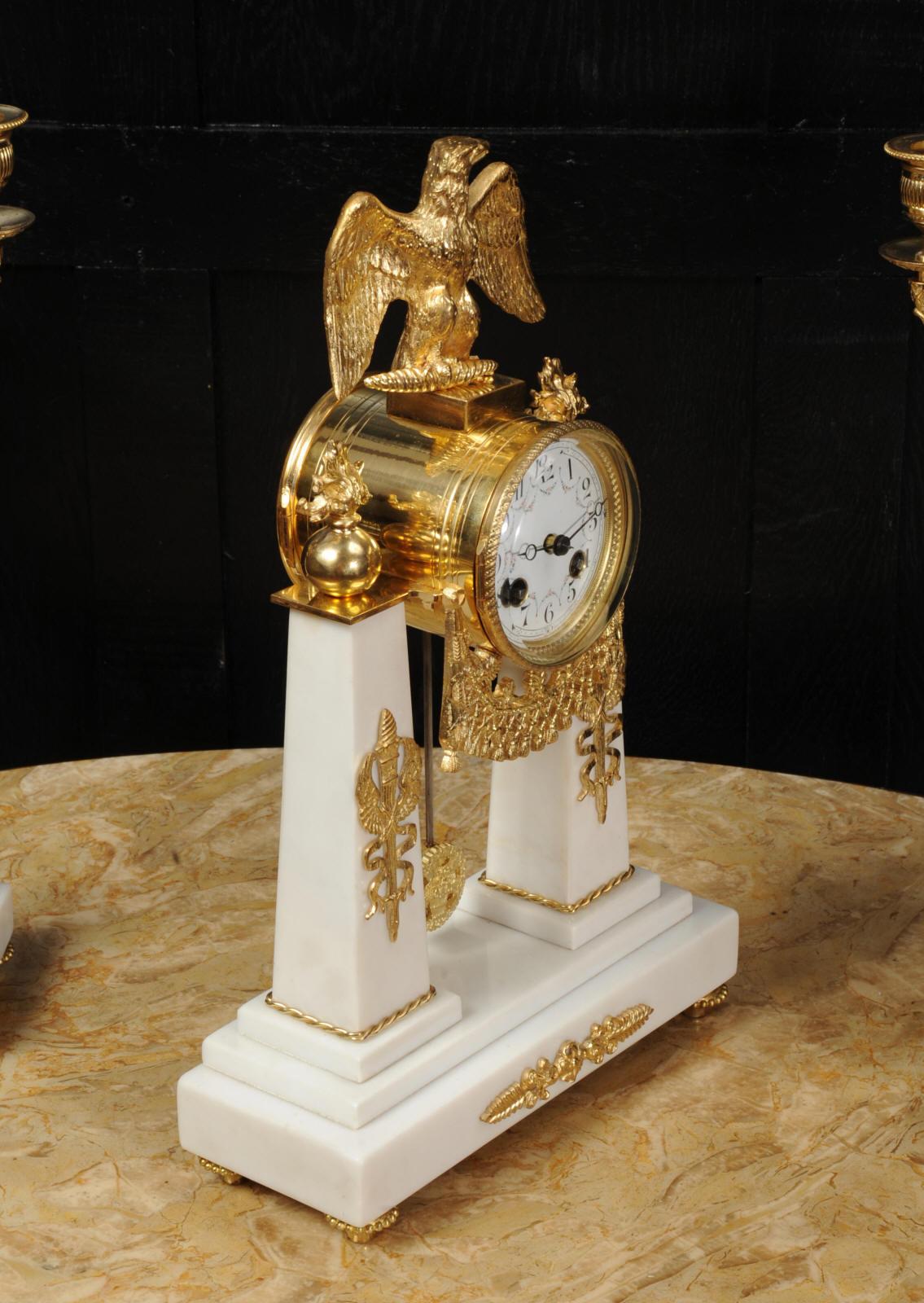 Antique French Empire Ormolu and Marble Portico Clock Set Eagle 10