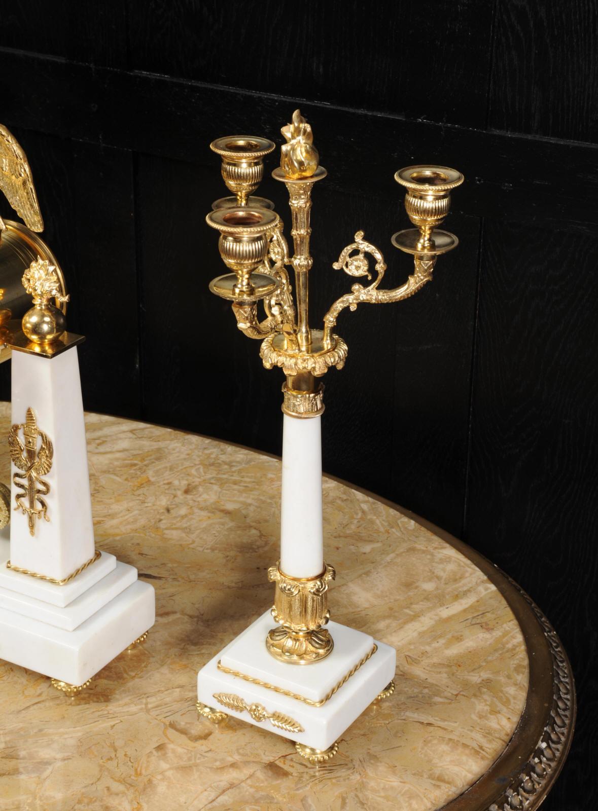 Antique French Empire Ormolu and Marble Portico Clock Set Eagle 12