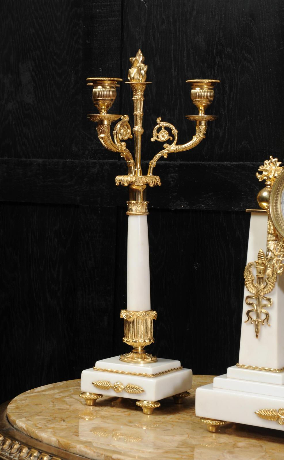 Antique French Empire Ormolu and Marble Portico Clock Set Eagle 14