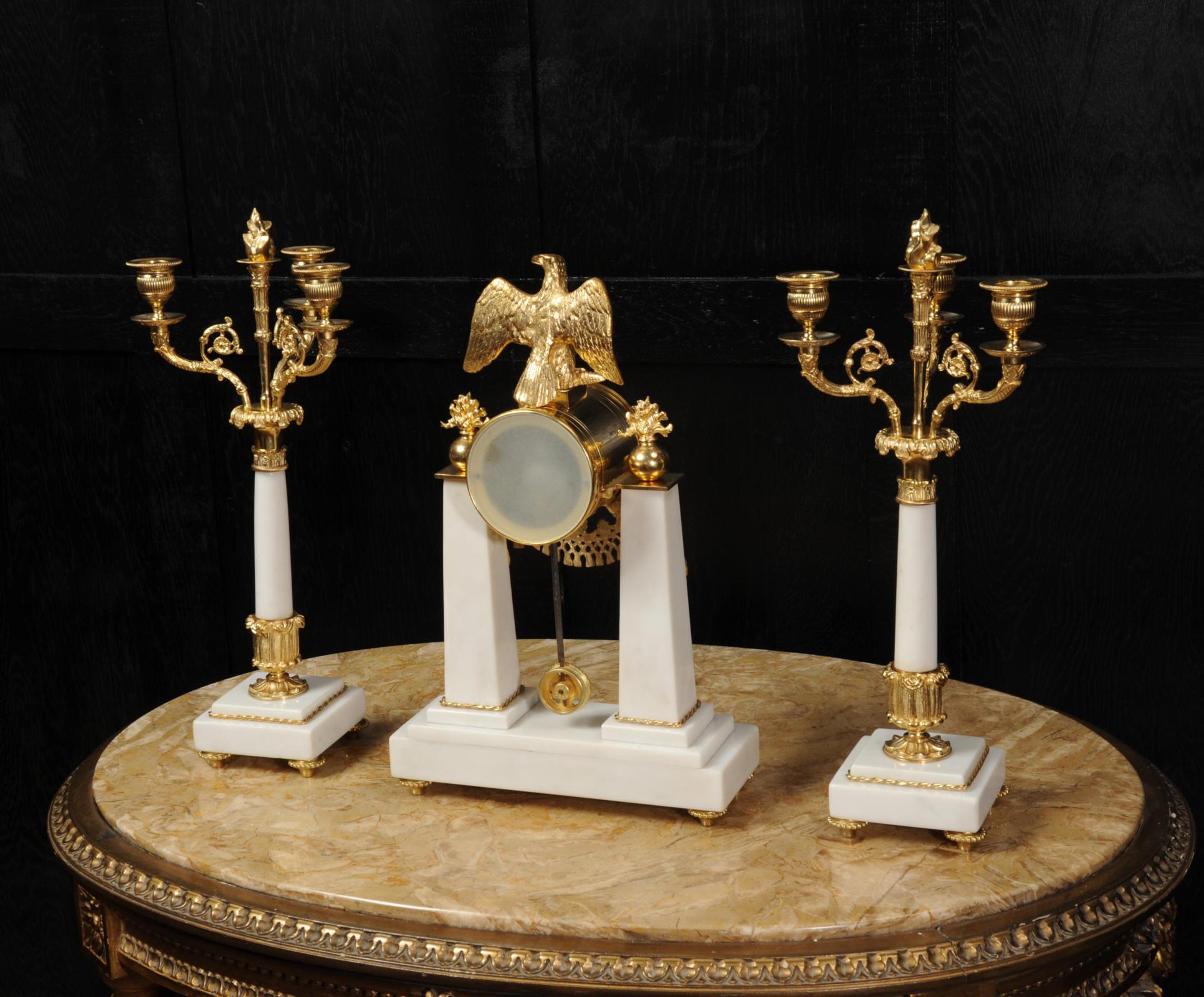 Antique French Empire Ormolu and Marble Portico Clock Set Eagle 15