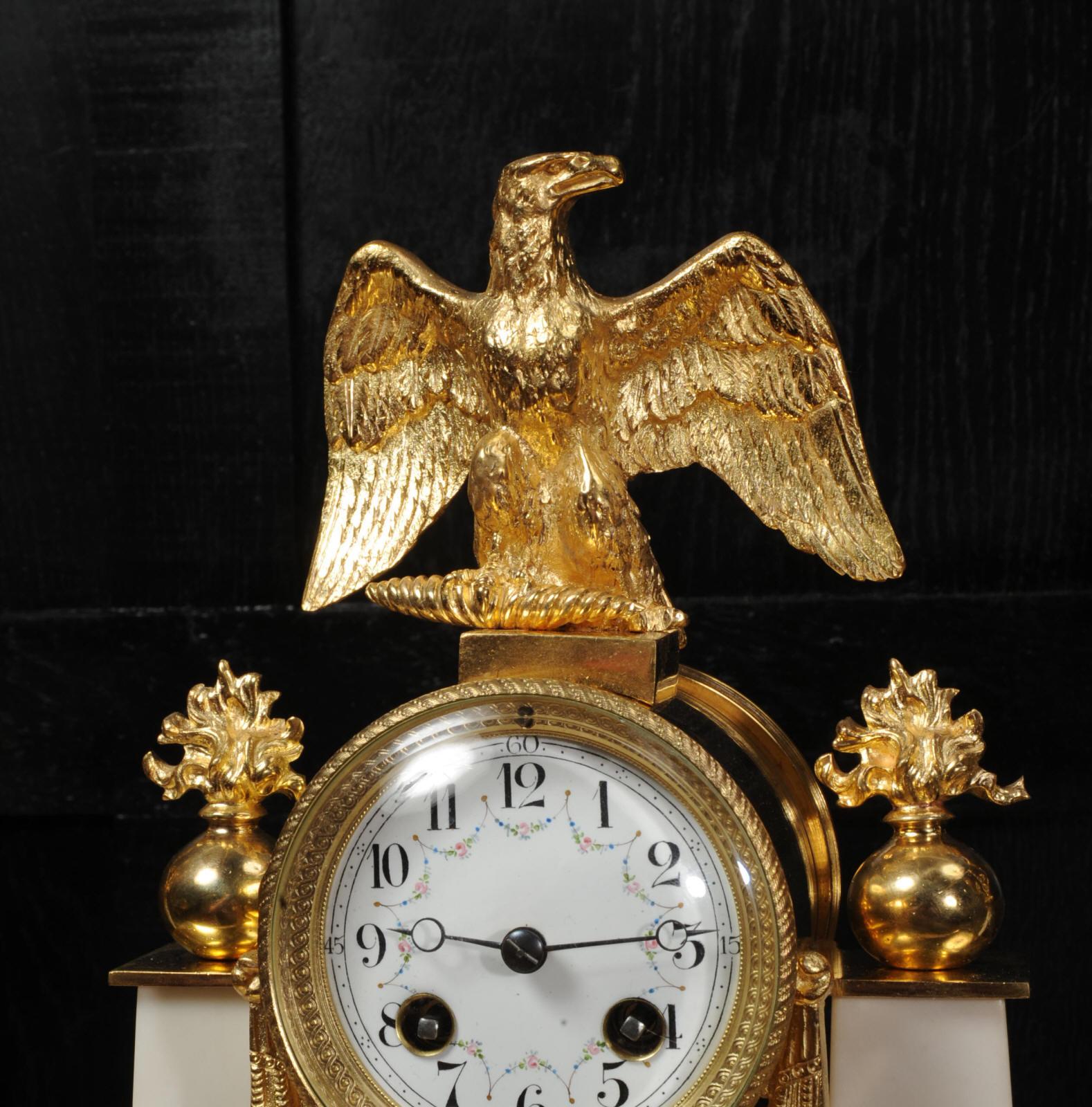 Antique French Empire Ormolu and Marble Portico Clock Set Eagle In Good Condition In Belper, Derbyshire