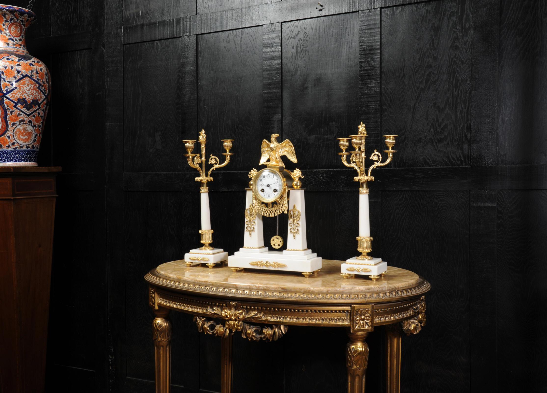 19th Century Antique French Empire Ormolu and Marble Portico Clock Set Eagle