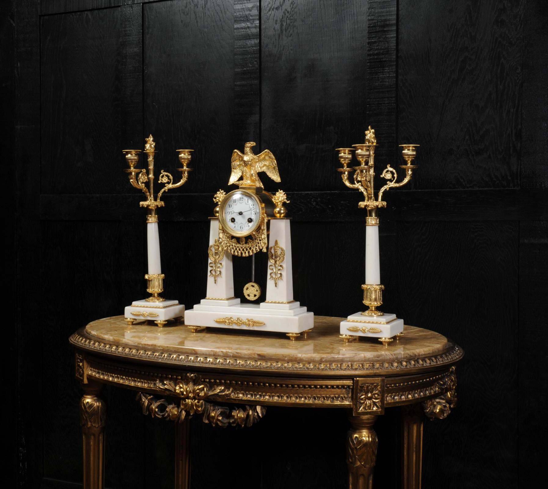 Antique French Empire Ormolu and Marble Portico Clock Set Eagle 1