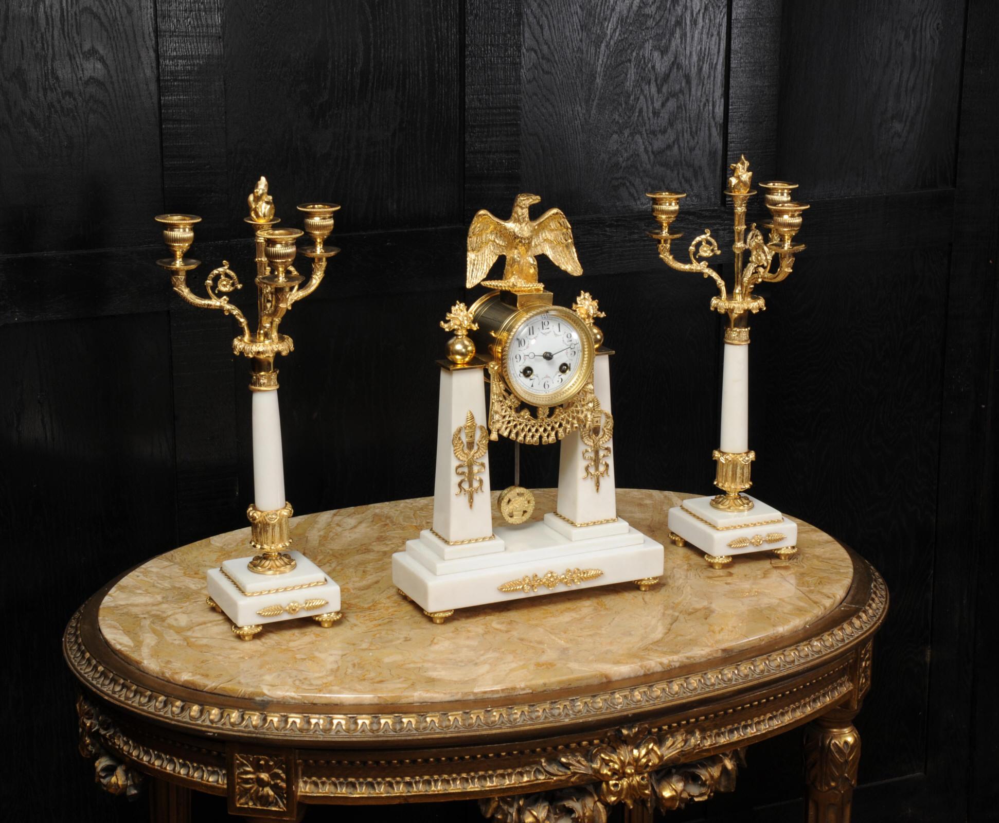 Antique French Empire Ormolu and Marble Portico Clock Set Eagle 2