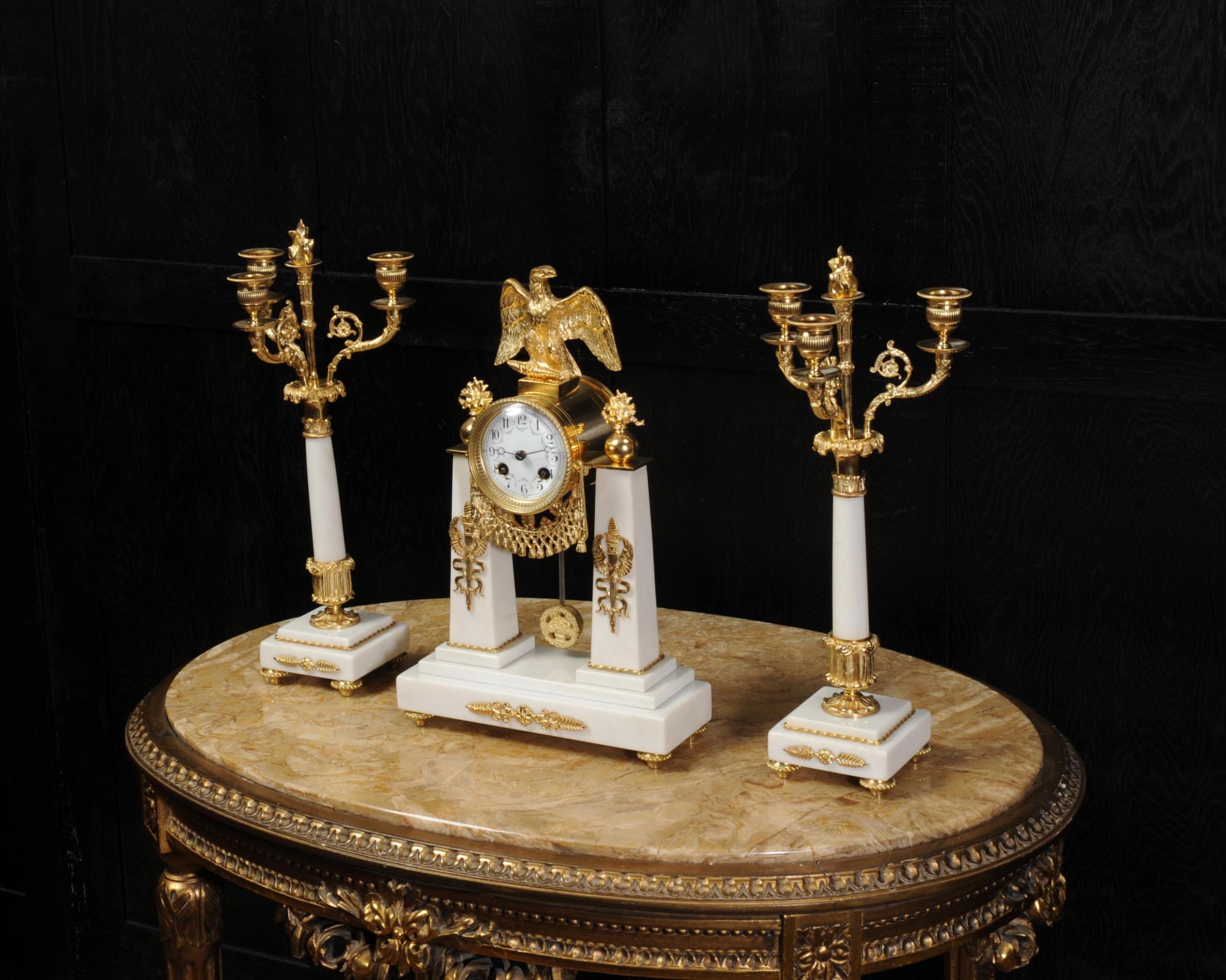 Antique French Empire Ormolu and Marble Portico Clock Set Eagle 3
