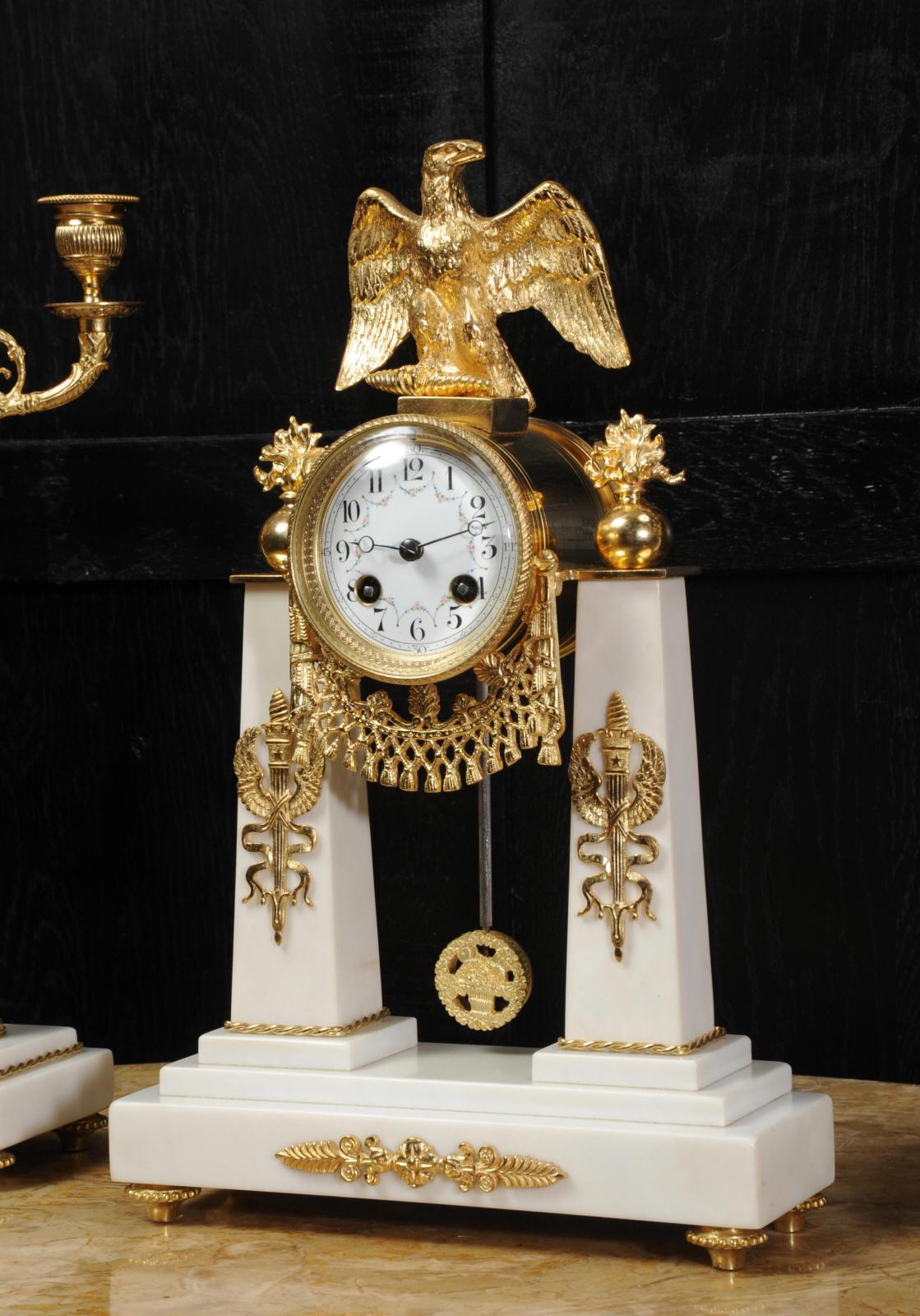 Antique French Empire Ormolu and Marble Portico Clock Set Eagle 4