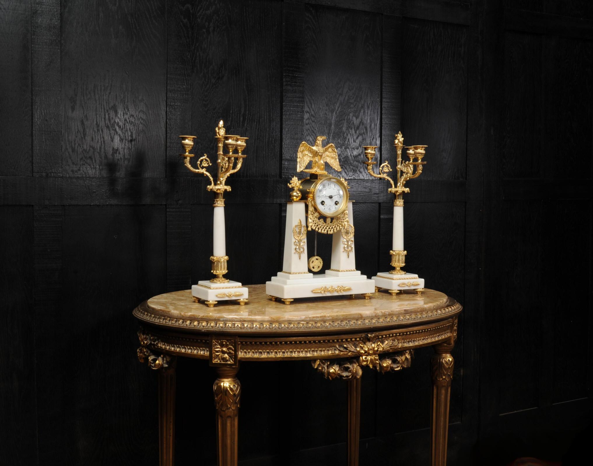 Antique French Empire Ormolu and Marble Portico Clock Set Eagle 5