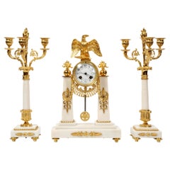 Antique French Empire Ormolu and Marble Portico Clock Set Eagle