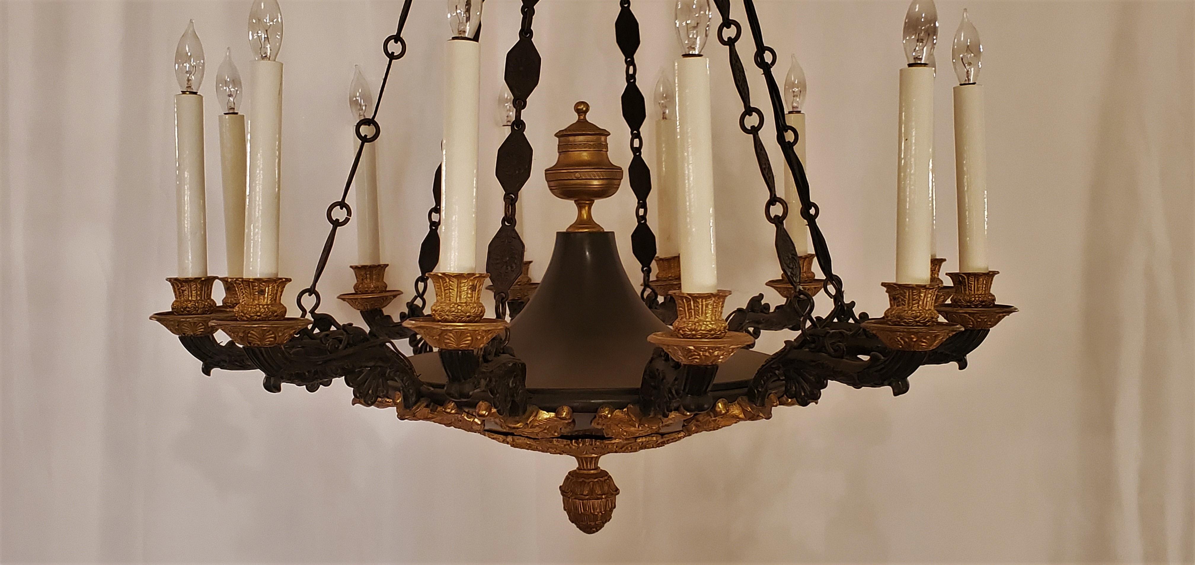 19th Century Antique French Empire Ormolu and Patinated Bronze Chandelier For Sale