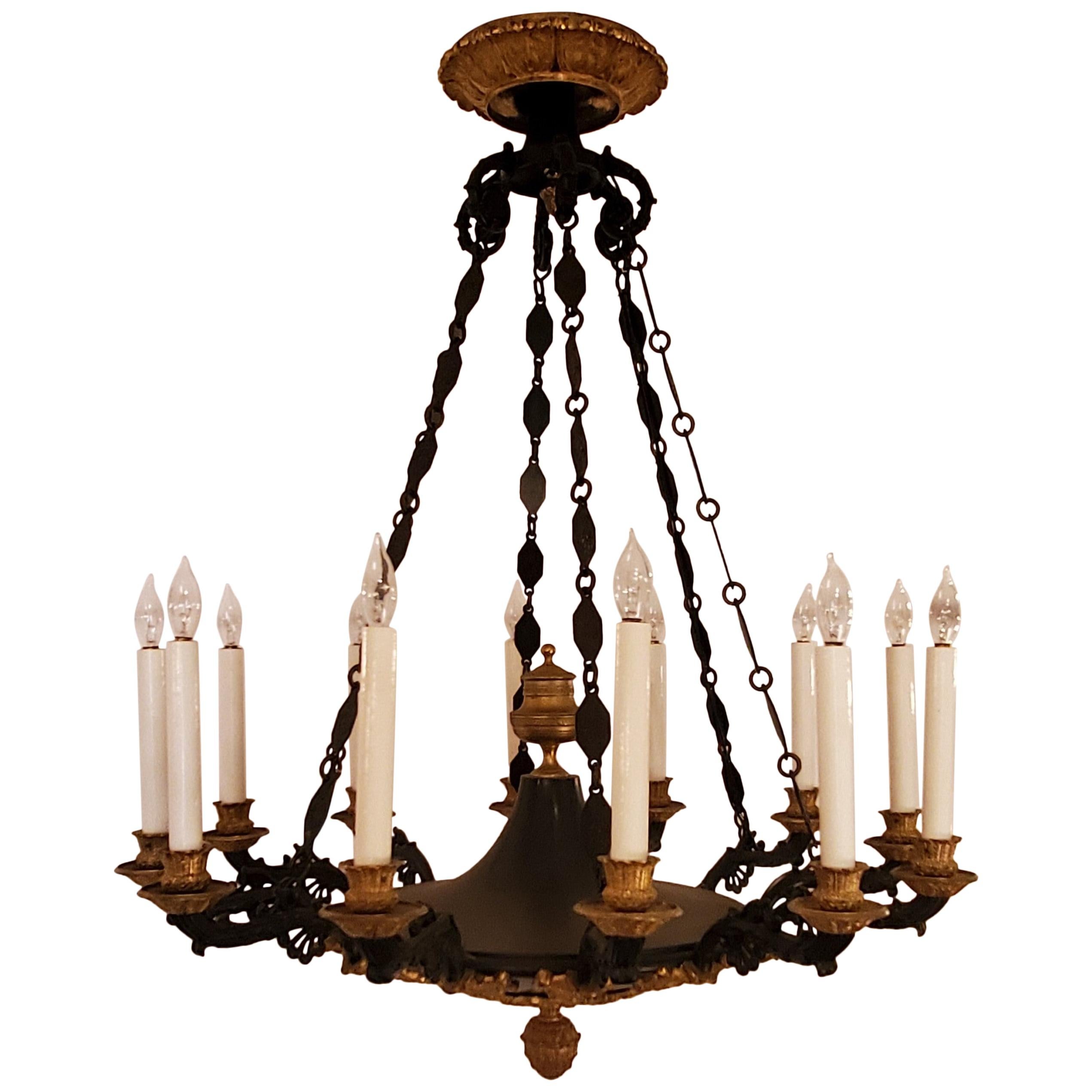 Antique French Empire Ormolu and Patinated Bronze Chandelier