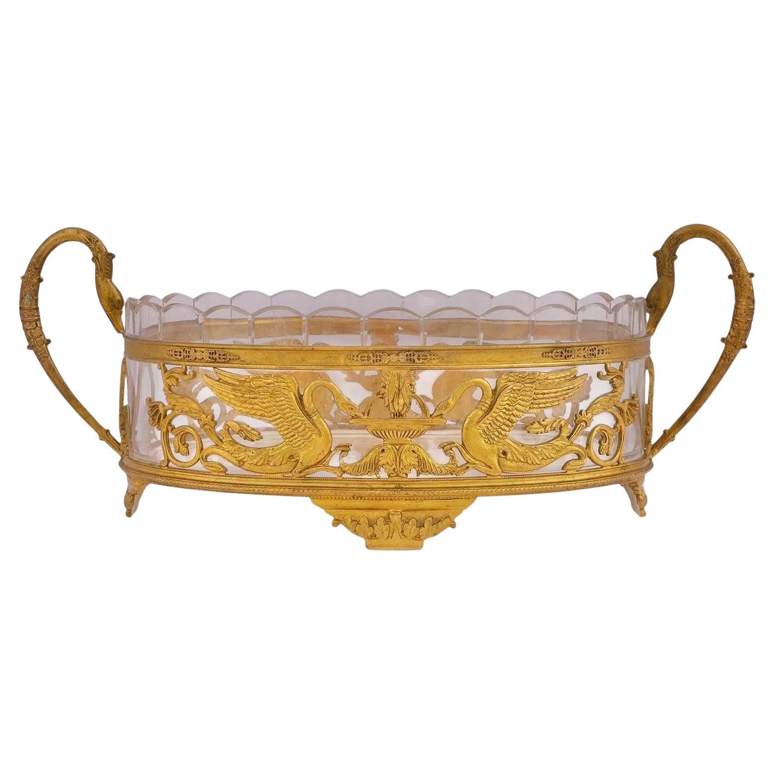 Antique French Empire, ciotola da giardino con centrotavola in bronzo e vetro tagliato in vendita