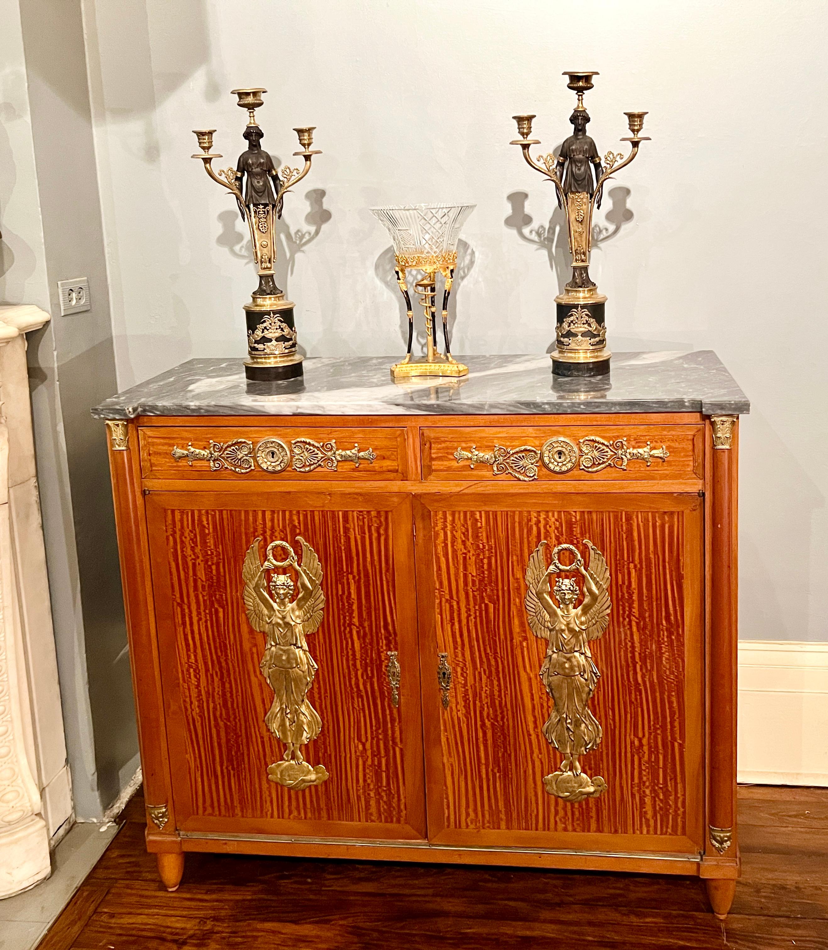 Antique French Empire Ormolu Mounted Marble Top Satinwood Cabinet, Circa 1890. For Sale 1