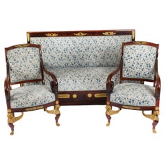 Antique French Empire Ormolu Mounted Sofa & Pair Armchairs 19th C.